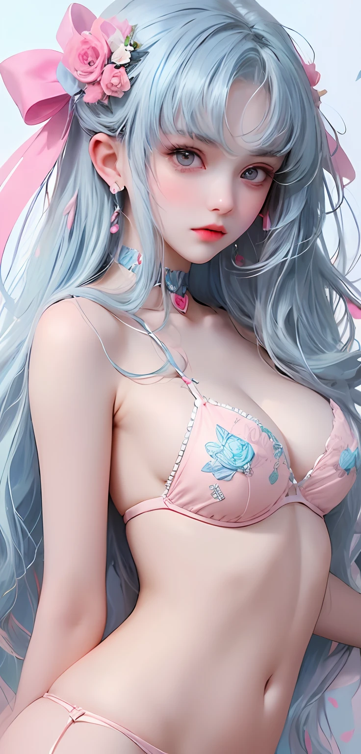 Light blue and pink color scheme，Sexy girl nipple，little body，Petite，White curly hair