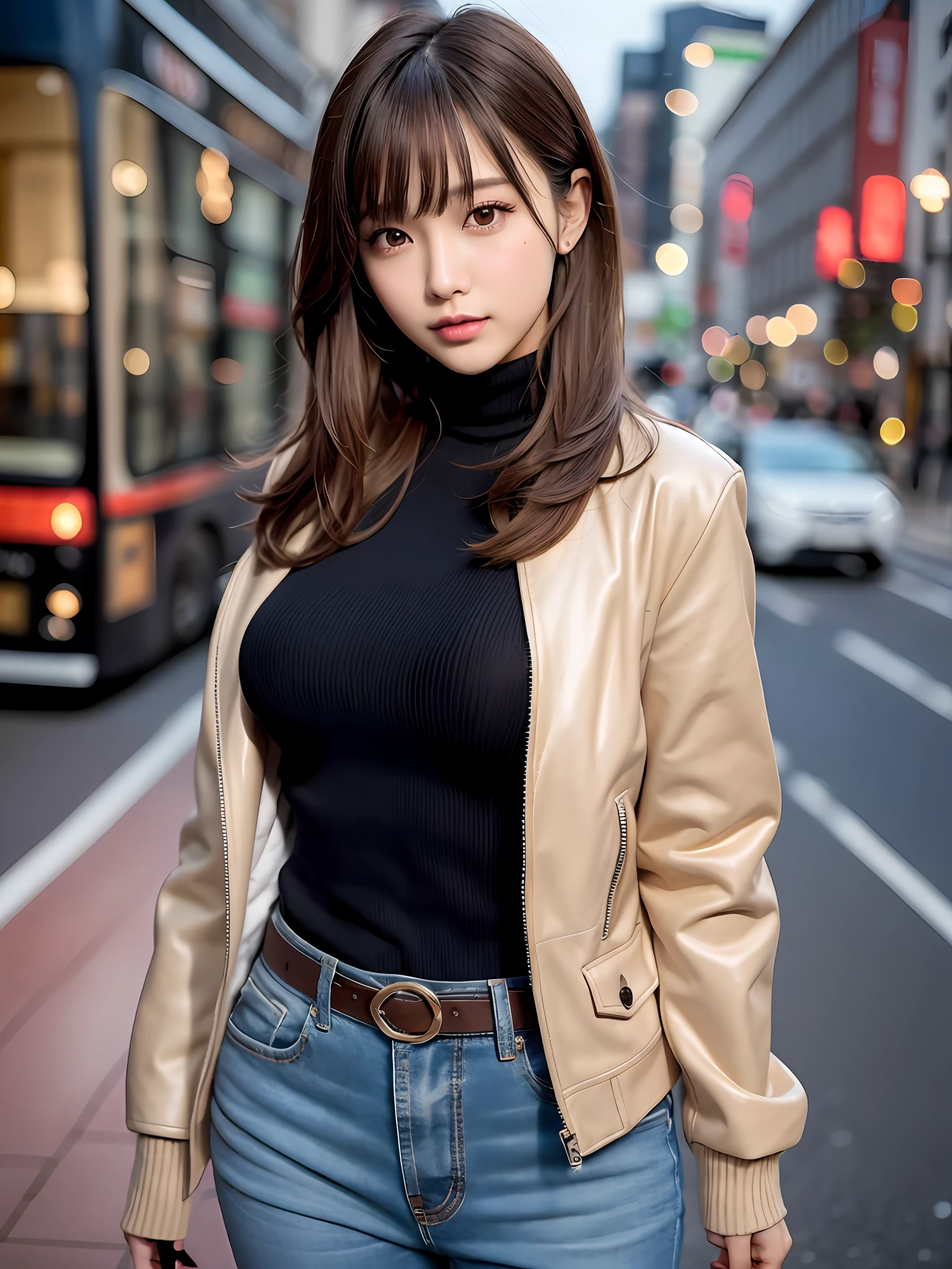 product quality, 1 girl per 1 photo, cowboy shot, front view, a Japanese young pretty girl, long bob hair, wearing a marriage ring, at night, standing in front of a London double-decker bus with a big smile, wearing a long sleeves leather jacket over a black knitted turtleneck sweater, wearing denim pants, a shoulder bag, hyper cute face, glossy lips, double eyelids for both eyes, natural makeup, shiny smooth light brown hair of long bob hair, asymmetrical bangs, tanned skin, central image, 8K resolution, high detail, detailed hairstyle, detailed face, cinematic lighting, octane rendering, hyper realistic, perfect limbs, perfect anatomy