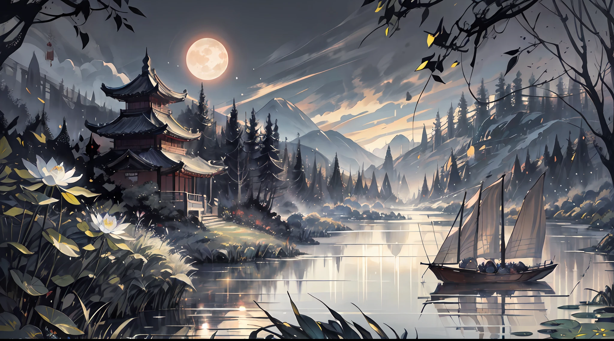 scenery，masterpiece,best quality,Chinese martial arts style,an asian night scene with lanterns and water lilies,asian pond with many lanterns and boatsa night scene with many lights and boats in the water, Lake surface, lotus flowers,beautiful night scene,(((Chinese martial arts style))), with vast sky, continuous mountains and steep cliffs, ink wash style, outline light, atmospheric atmosphere, depth of field, mist rising, bamboo, pine trees, octagonal stone pavilion, waterfall flowing water,big full moon,(No color) , Monochrome, light color,Dispersion, rainbow,