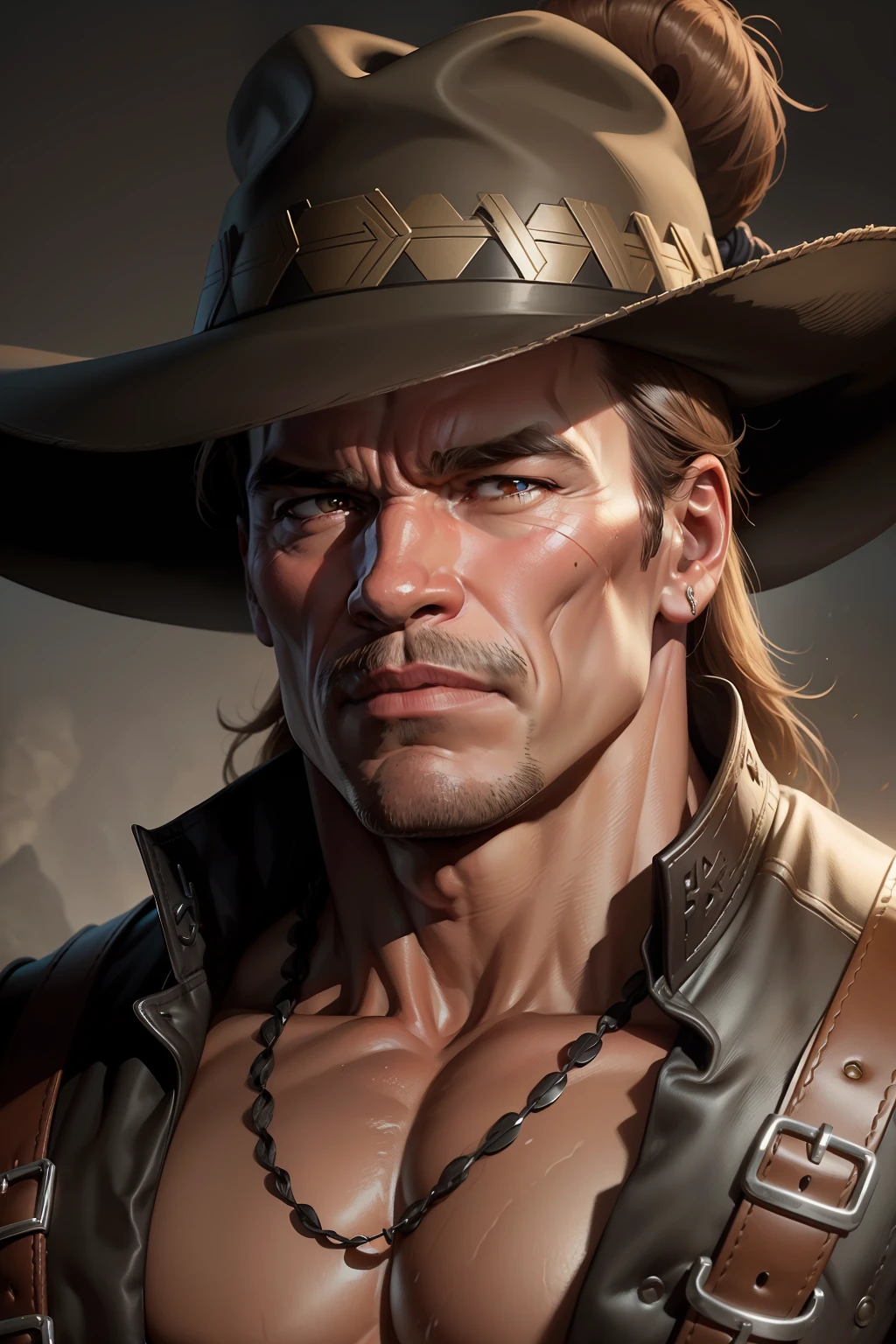 Arnold Schwarzenegger Gaucho da fronteira, detalhes intrincados, perfect features, Dramatic, Cinematic lighting, Highlight lighting, SSAA, smooth rendering, no noise --testp --ar 2:3 --video --no lazy prompts, 360 view