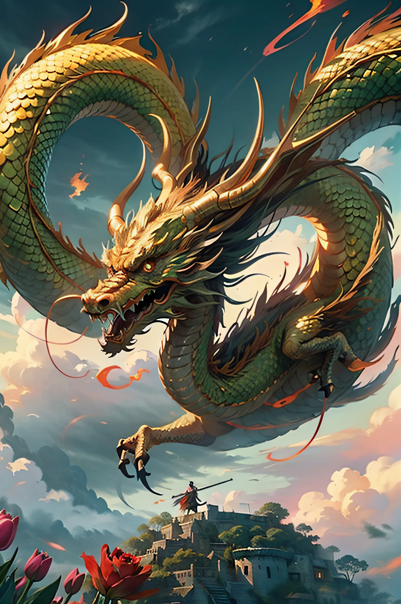masterpiece,best quality,castle,Middle Ages,Dragon,swordsman,Jack,Maiden,tulip,garden,Sea of Flowers,Rose,Flames of war,flame,alp,epic,Grand and grand,Dragon,Flying dragon,cloud,warfare,