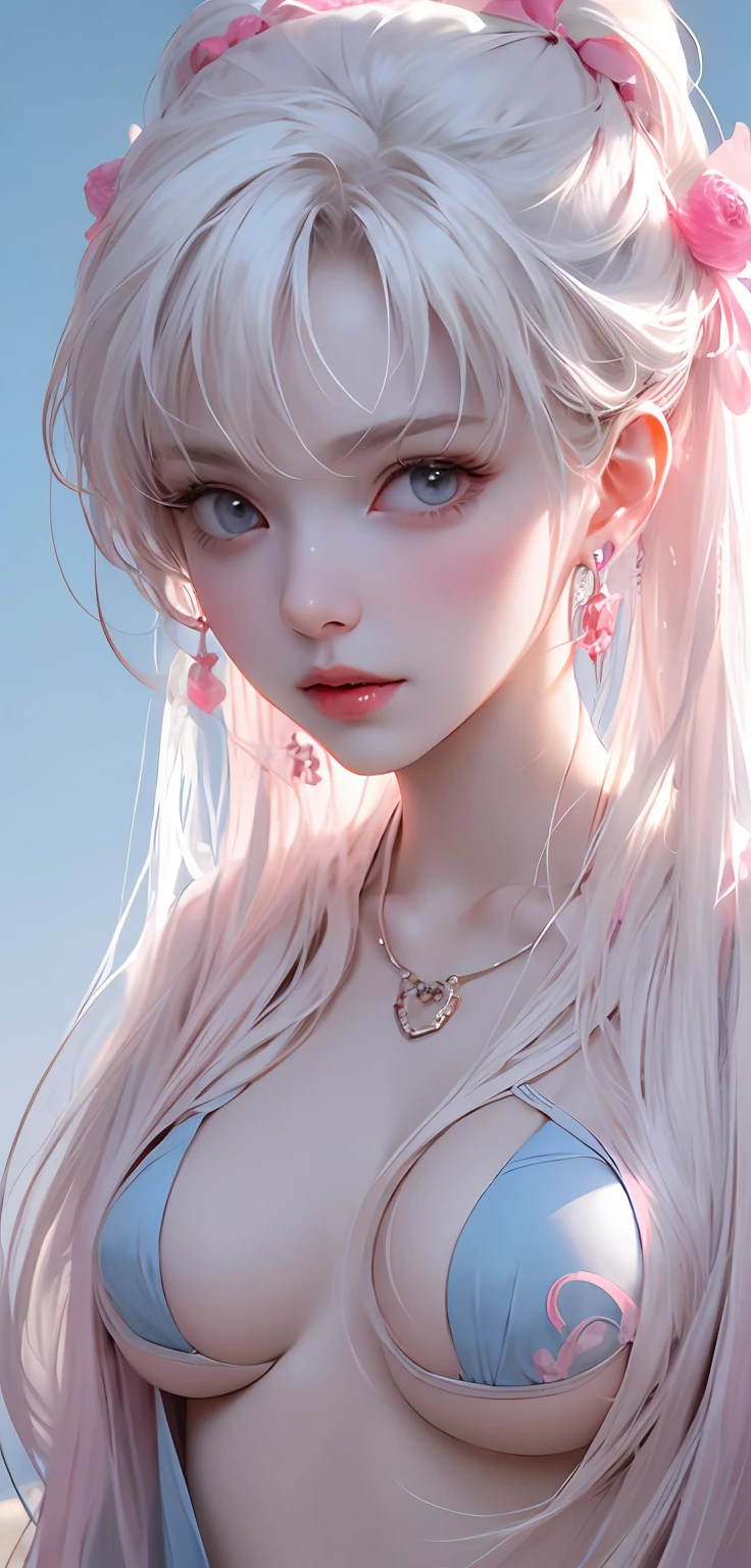 Light blue and pink color scheme，Sexy girl nipple， body，Petite，White curly hair