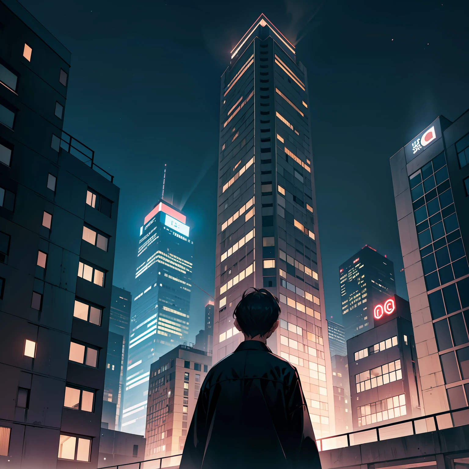 Face away from the camera,Faraway view,wide angles,the night,The roof of a high-rise building in the city