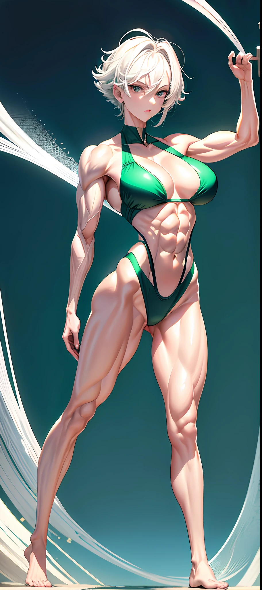 （tmasterpiece）， （best qualtiy）， 8K分辨率， ultra - detailed， photorealestic， photore， femele， with short white hair，Eight-pack abs，Expose abs，，Well-developed limbs，（body builder:1.5），3DMM style，Green sense ultra-high fork ultra-deep V three-point one-piece swimsuit，full body shot shot，The legs appear in the camera，Body facing the camera，arms stretched wide，She has full, incredibly large breasts，Firm and incredibly large breasts，Light shines from the front