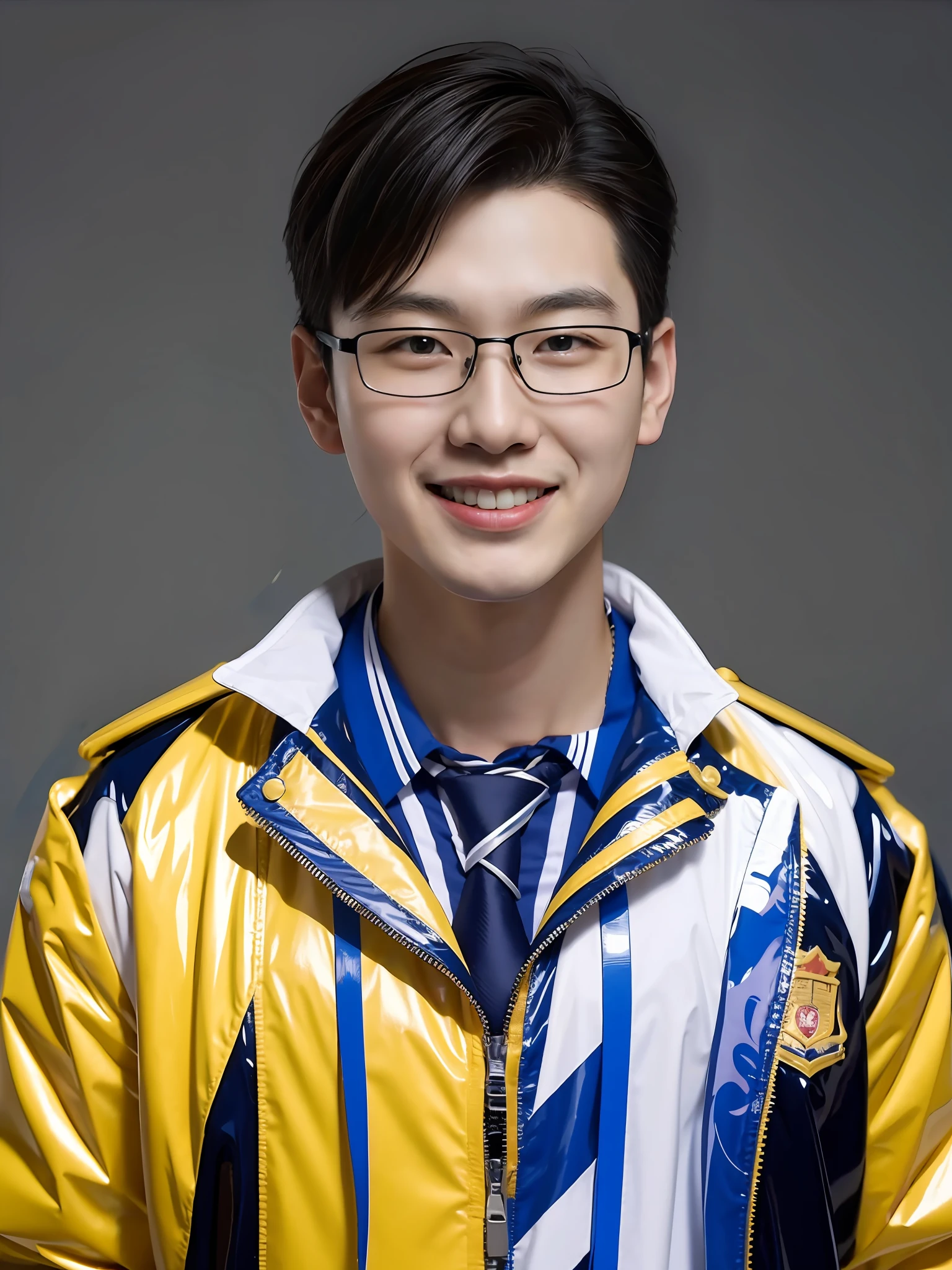 A Chinese male high school student,Wearing PVC Japanese high school uniform,There are zippers,Wear a tie