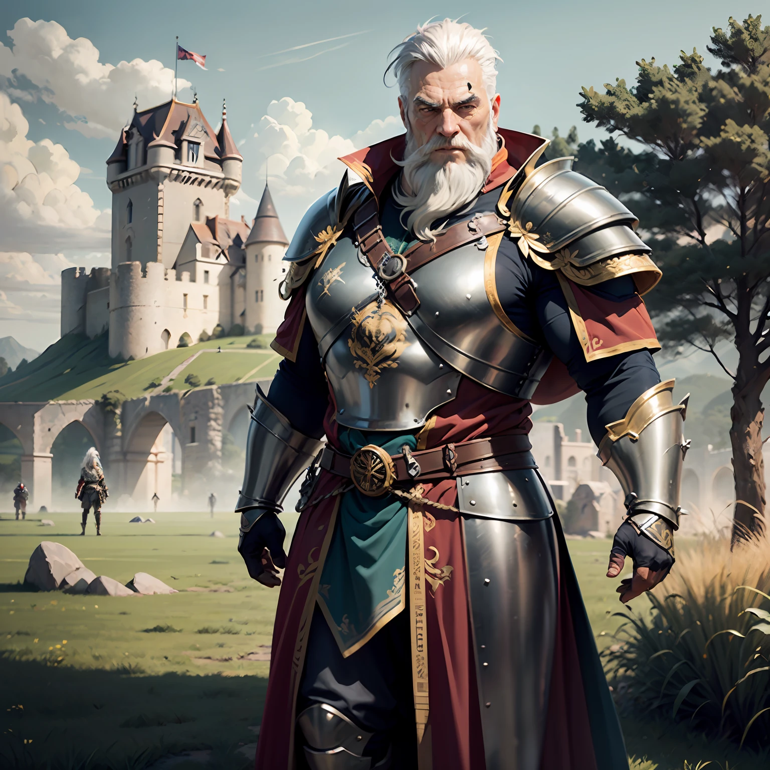old warrior in shape, wearing shiny armor with details in gold and a coat of arms on the chest, has white hair and beard, imposing face, imposing physique, in the background castle and a green field.