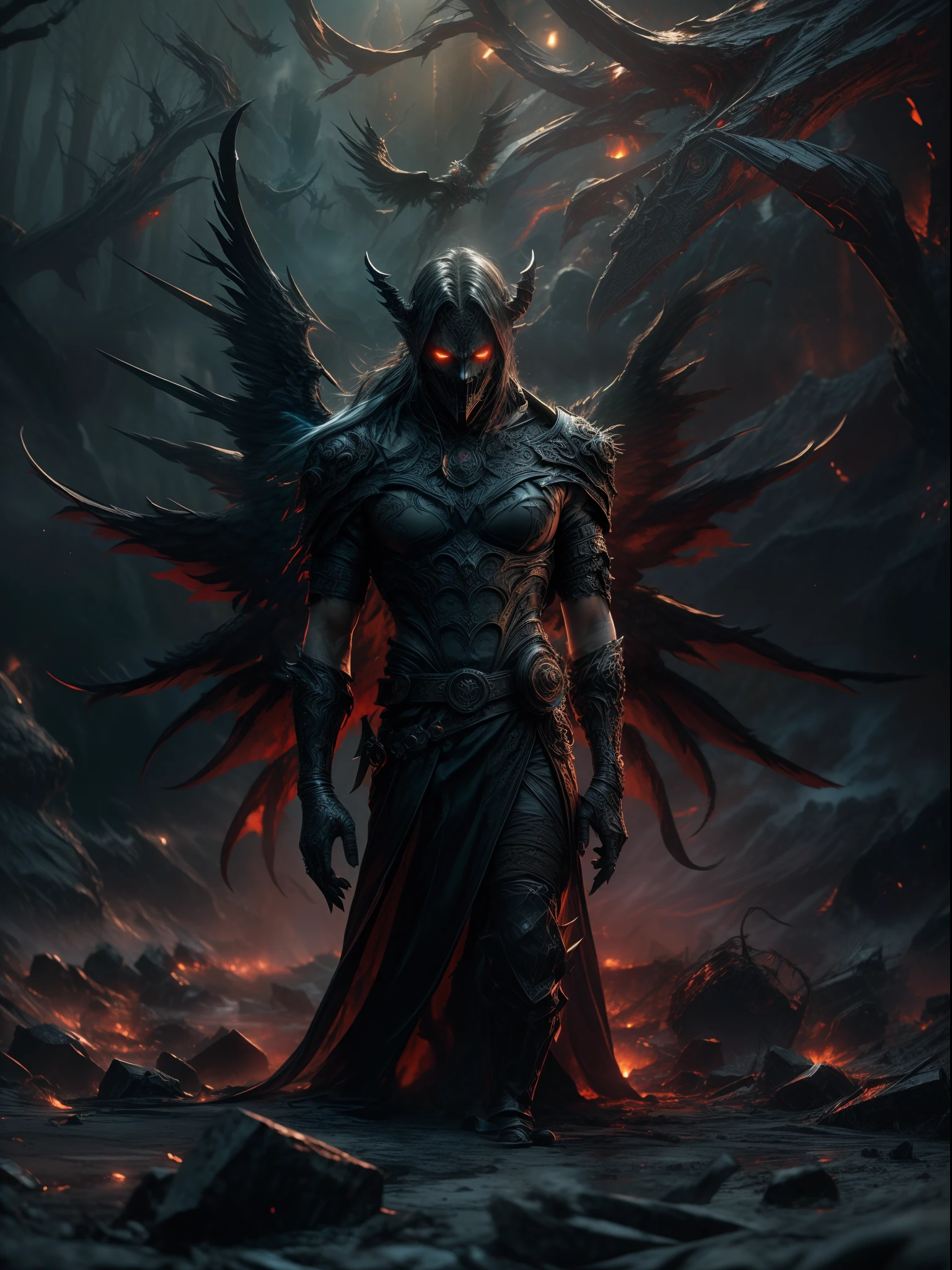 (high resolution, masterpiece:1.3), (sinister demon with diabolical wings:1.2), (emaciated body and monstrous face:1.1), (Sony Alpha 1 camera, perfect for capturing fast-paced subjects with exceptional detail:1.2), (paired with the Sony FE 135mm f/1.8 GM lens:1.2), (ominous atmosphere of a desolate land:1.1), (barren landscape with volcanic activity:1.1), (the demon's wings casting eerie shadows on the ground:1.1), (molten lava flowing in the distance:1.1), (the air thick with sulfur and despair:1.1), (a landscape devoid of life:1.1), (the demon's eyes glowing with malevolence:1.1), (the ancient scroll in its hand revealing forbidden knowledge:1.1), (a moment frozen in time, capturing the essence of darkness:1.1), Cinematic, Hyper-detailed, insane details, Beautifully color graded, Unreal Engine, DOF, Super-Resolution, Megapixel, Cinematic Lightning, Anti-Aliasing, FKAA, TXAA, RTX, SSAO, Post Processing, Post Production, Tone Mapping, CGI, VFX, SFX, Insanely detailed and intricate, Hyper maximalist, Hyper realistic, Volumetric, Photorealistic, ultra photoreal, ultra-detailed, intricate details, 8K, Super detailed, Full color, Volumetric lightning, HDR, Realistic, Unreal Engine, 16K, Sharp focus, Octane render