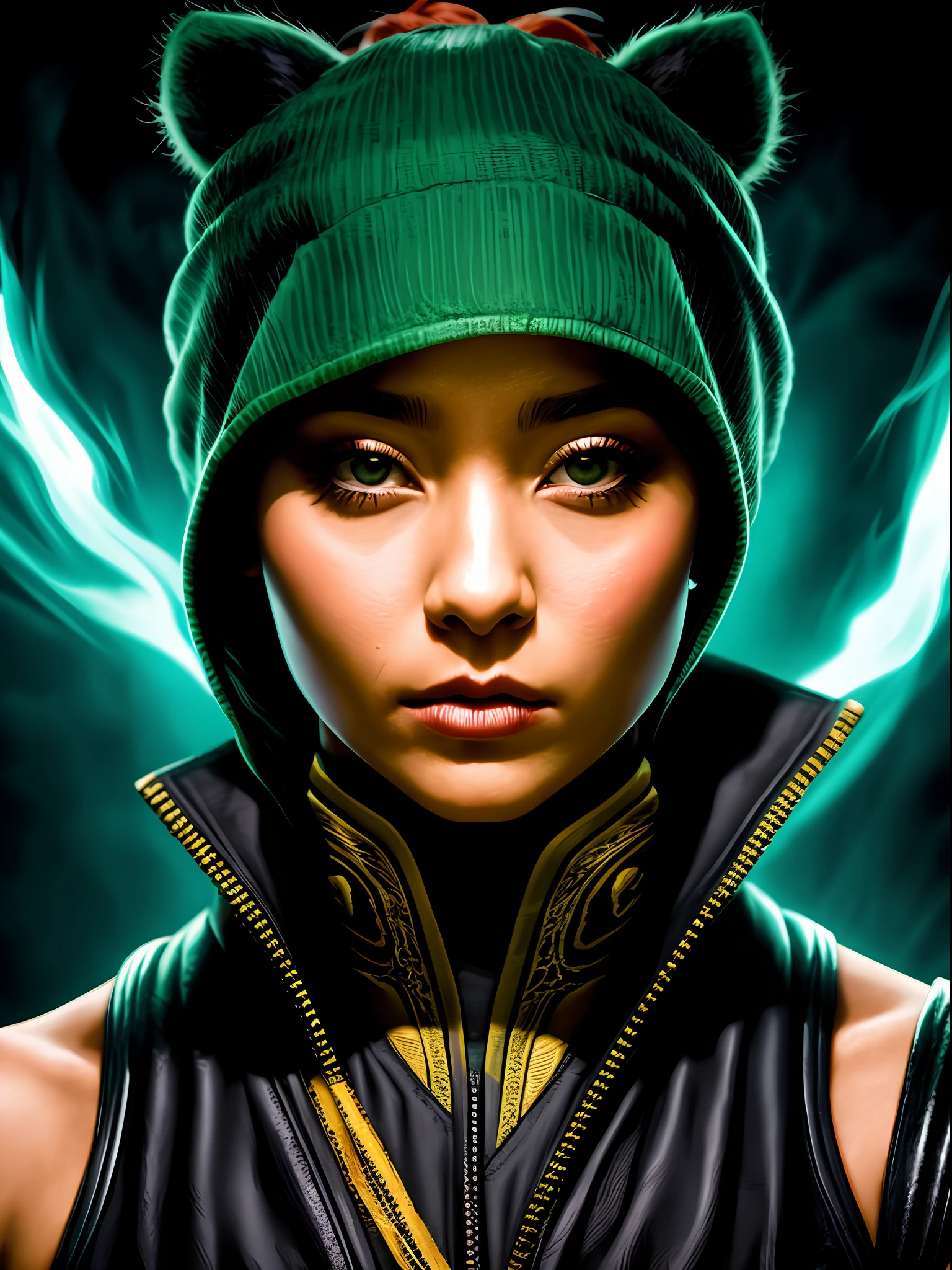 ((Jade inspirada por Mortal Kombat 2)), (inspirada em Tati Gabrielle:1.2), in a fighting scenario with horror movie background, Auto retrato de rosto frontal, posing for camera, foco nítido, soft-lighting, melhor qualidade, 8k UHD, DSLR, grain of film, (fotorrealista:1.2)