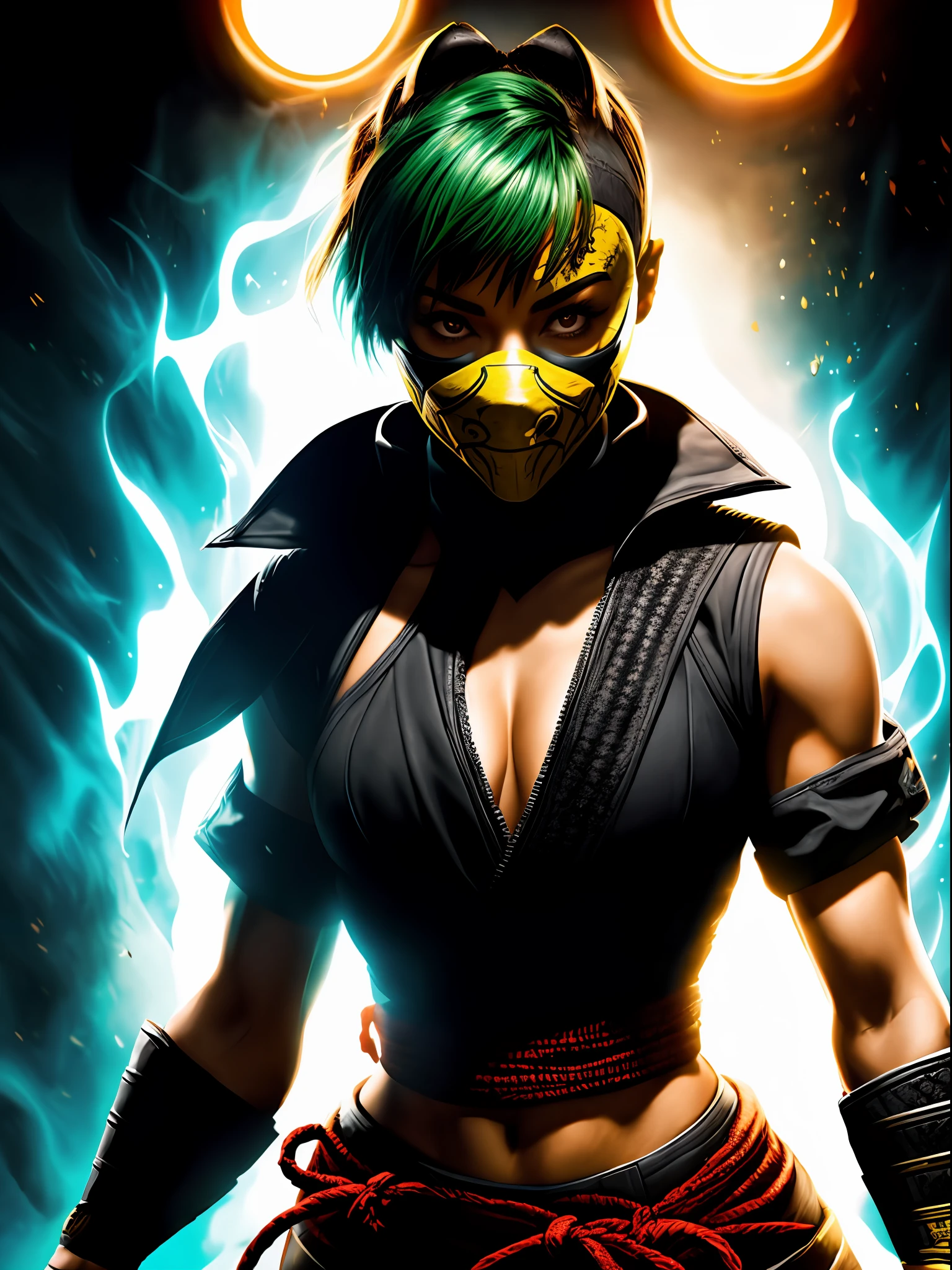 ((Jade inspirada por Mortal Kombat 2)), (inspirada em Tati Gabrielle:1.2), in a fighting scenario with horror movie background, Auto retrato de rosto frontal, posing for camera, foco nítido, soft-lighting, melhor qualidade, 8k UHD, DSLR, grain of film, (fotorrealista:1.2)