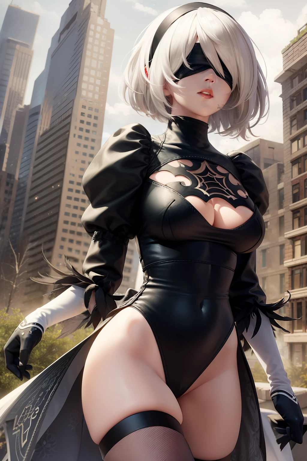 (masterpiece, best quality, detailed:1.4), 1girl, 2B Nier Automata, YoRHa No.2 Type B, solo, bob cut, white hair, parted lips, lips, breasts, medium breasts, long sleeves, juliet sleeves, cleavage cutout, black hairband, parted lips, black thighhighs, black gloves, cleavage, turtleneck, bangs, feather trim, feather-trimmed sleeves, black blindfold, black skirt standing, from behind, low angle outdoors, buildings, city, post-apocalypse, day