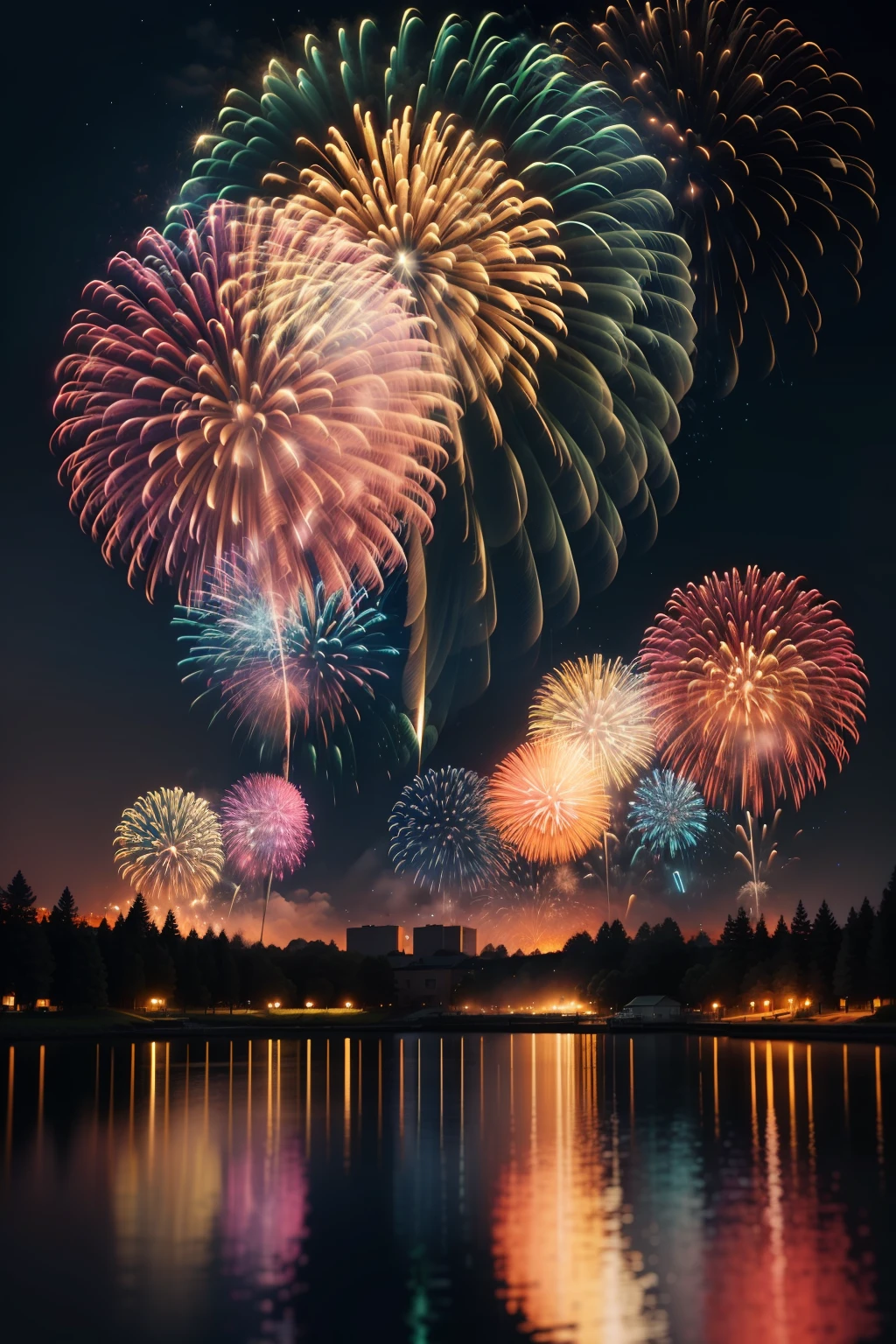 Capture a beautiful night scene where vibrant fireworks are lighting up the sky. The fireworks are a burst of colors, their reflections shimmering on a nearby body of water. The surrounding landscape is dimly lit, with silhouettes of trees and buildings adding depth to the scene. This image is rendered in a hyper-realistic style, with high-resolution 16K detail. The lighting is dynamic, with the bright, colorful fireworks contrasting against the dark night sky. The colors feature the various hues of the fireworks and the deep blue of the night sky. The shot is taken with a wide-angle lens, capturing the entire spectacle in a single frame.