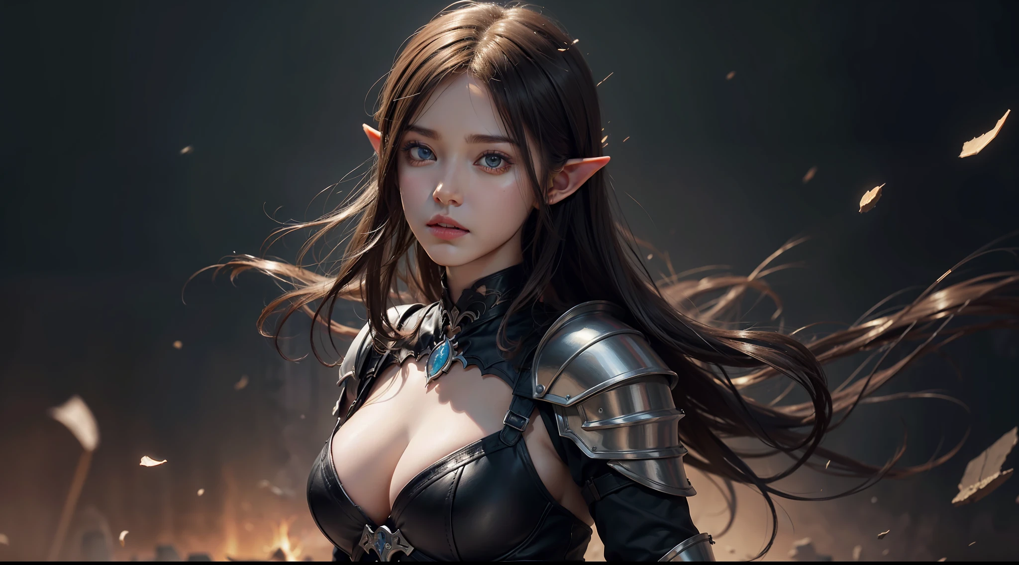 (Award-winning digital artwork:1.3) af (sketching:1.3),(with dynamism:1.3),(Saturation:1.3),(Close portrait:1.3),(femele:1.4),(big breasts beautiful: 1.4),(carismatic:1.3),Female elf,Leather armor,Perfect Detailed Eyes,magia,battleground background,Large breasts,complex patterns,Film filter, ,dramatics,dynamicposes,illusory engine, (High detail: 1.9),full body shot shot