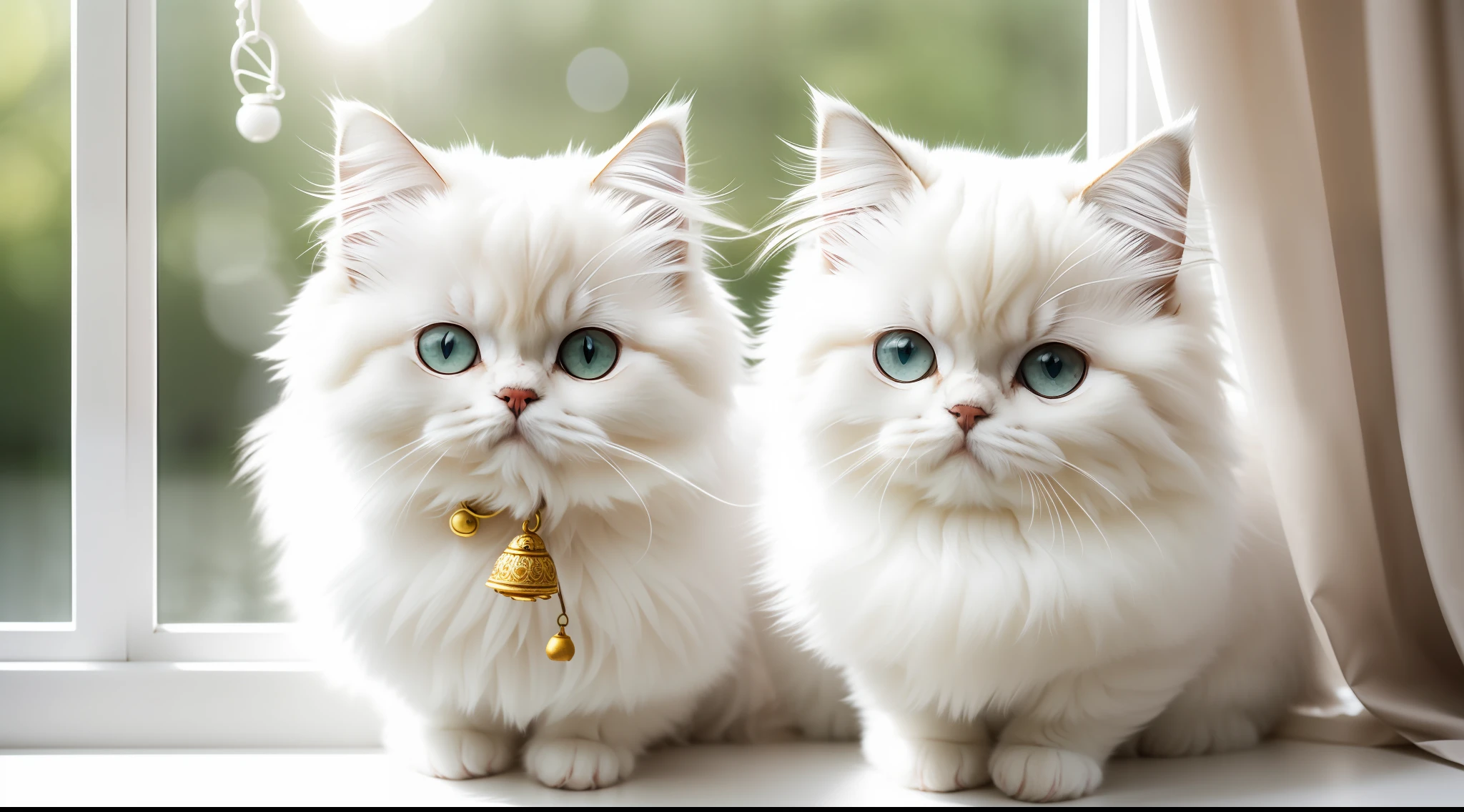 （ultra - detailed，A cute Persian cat，Delicate white hair，(A bell hangs around his neck)，Look out the window，Sophisticated look，Curtain background，（white curtain），Early morning sun，up-close，depth of fields）