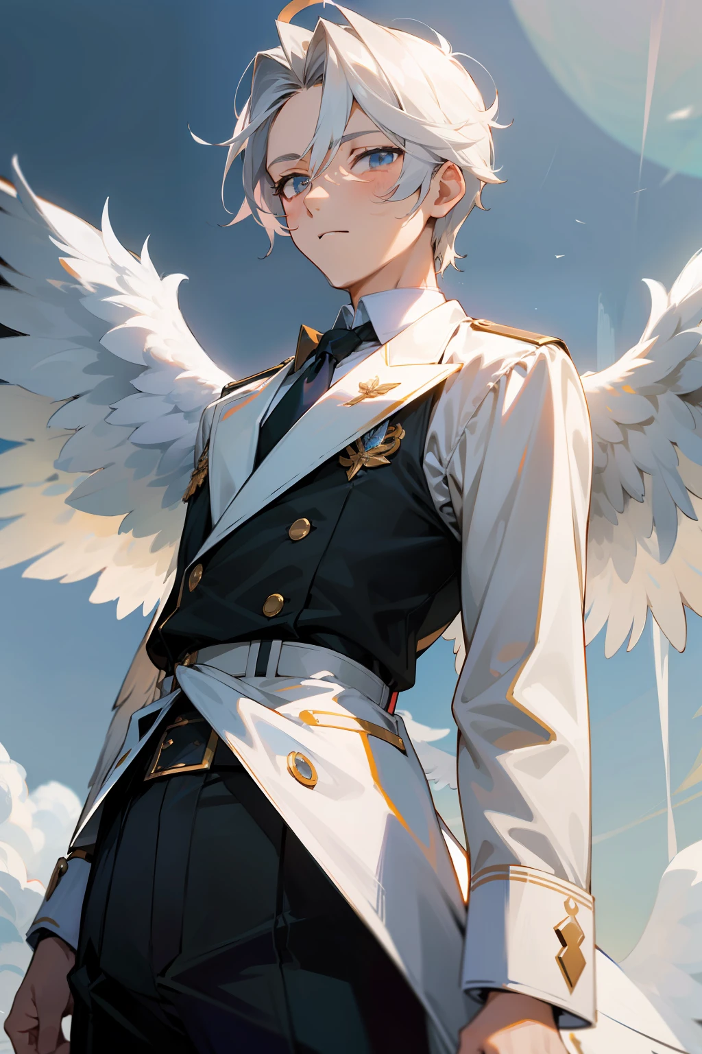 （tmasterpiece，best qualtiy），Young men，One party passes，The upper part of the body，whaite hair，high school senior，White wings，Simple，the sky background。