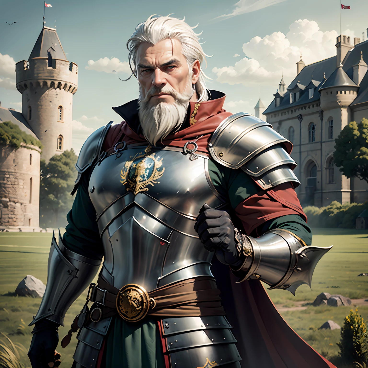 old warrior in shape, wearing shiny armor with details in gold and a coat of arms on the chest, has white hair and beard, imposing face, imposing physique, in the background castle and a green field.