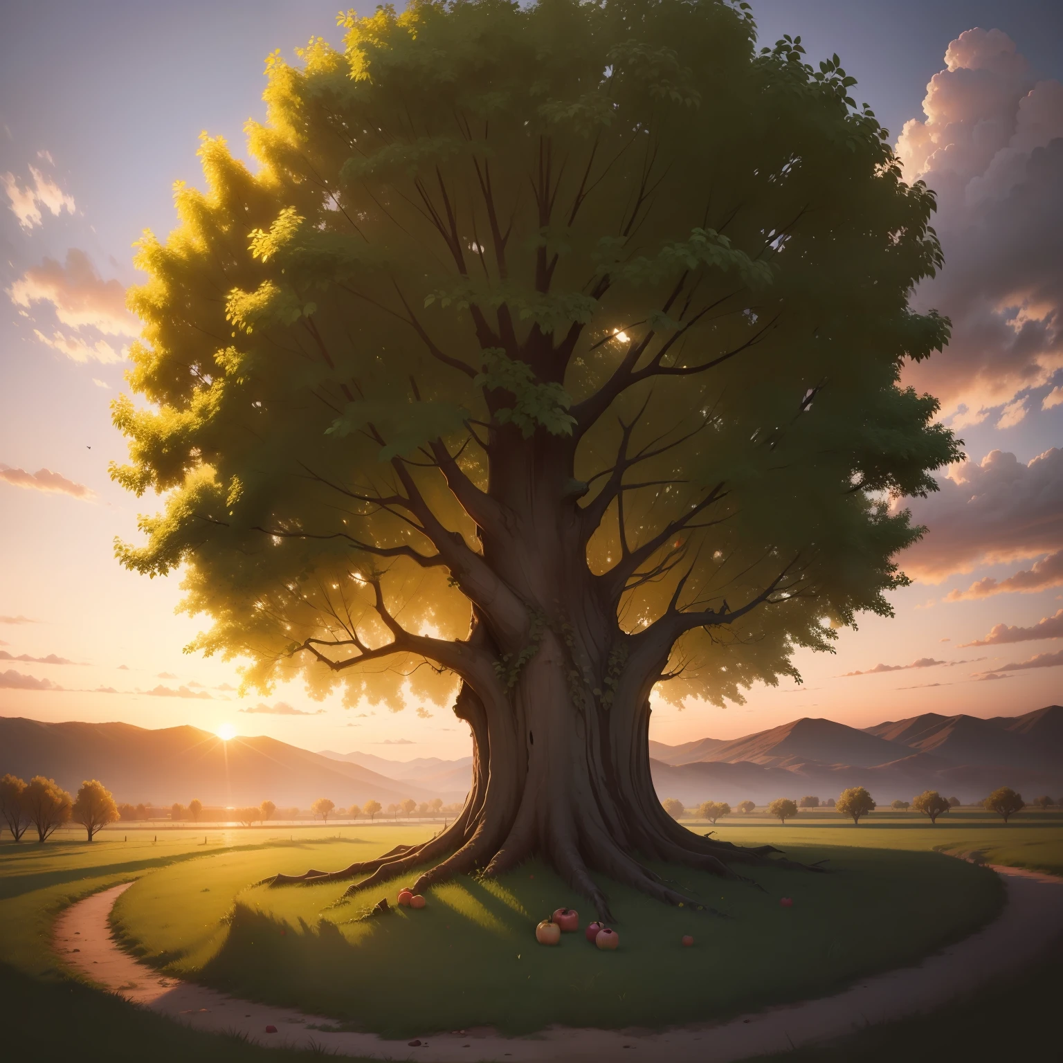 Beautiful and large apple tree, old and abandoned, with many apples and green leaves, oil painting, sunset colors