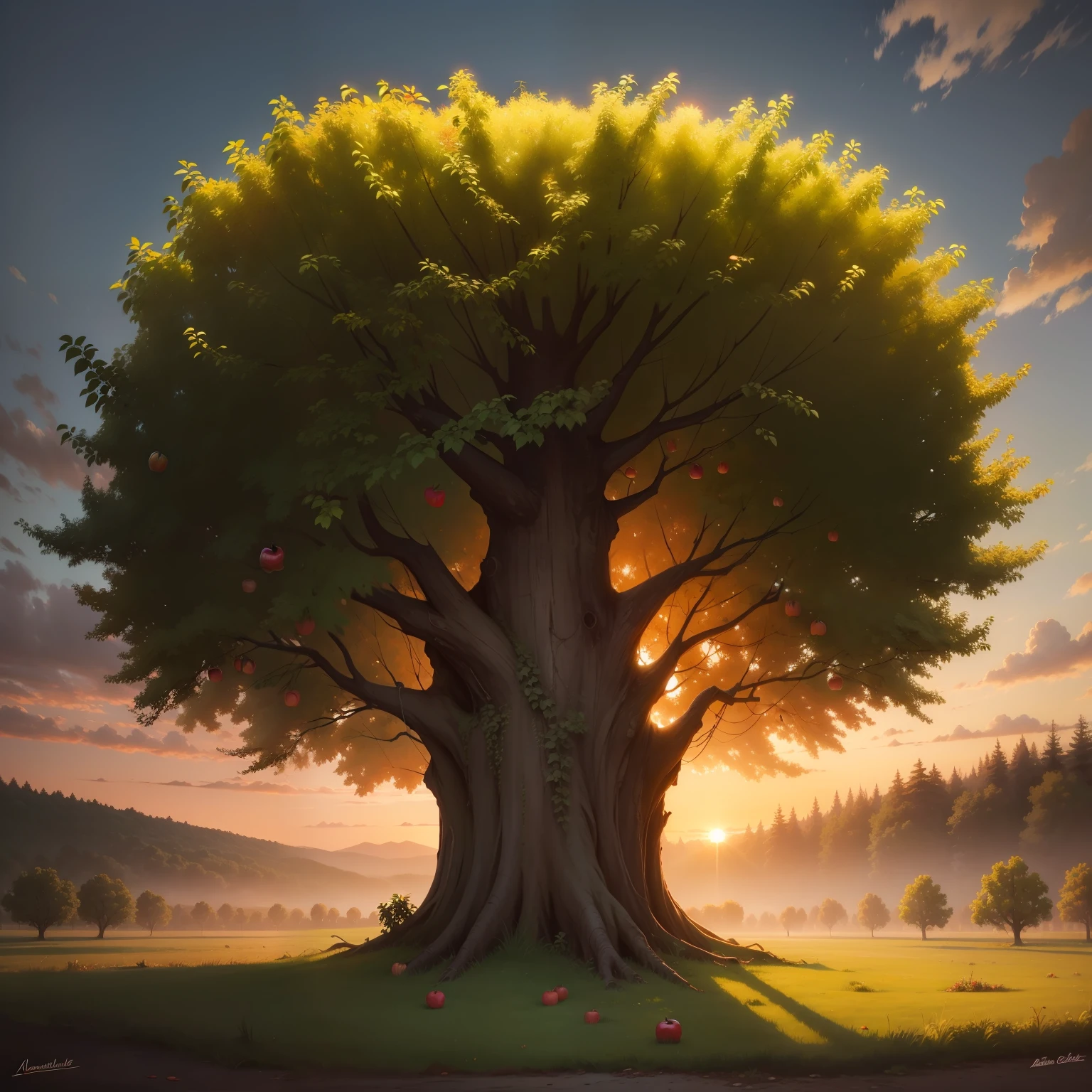 Beautiful and large apple tree, old and abandoned, with many apples and green leaves, oil painting, sunset colors