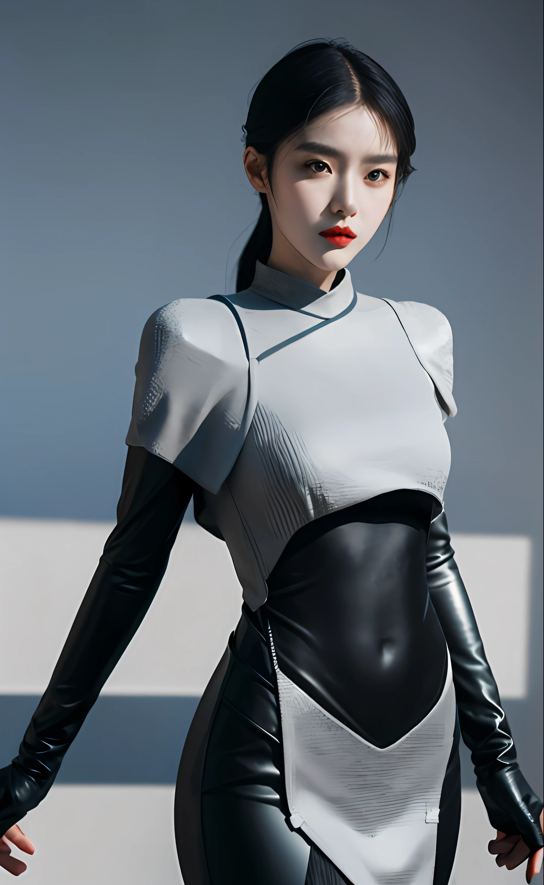 1girll, Textured garments, poised poise, Dramatic angles, geometric shapes, contrast of light and shadow, slick futurism, avant-garde styling, High-tech background, 清晰的线条, Ultra-high resolution