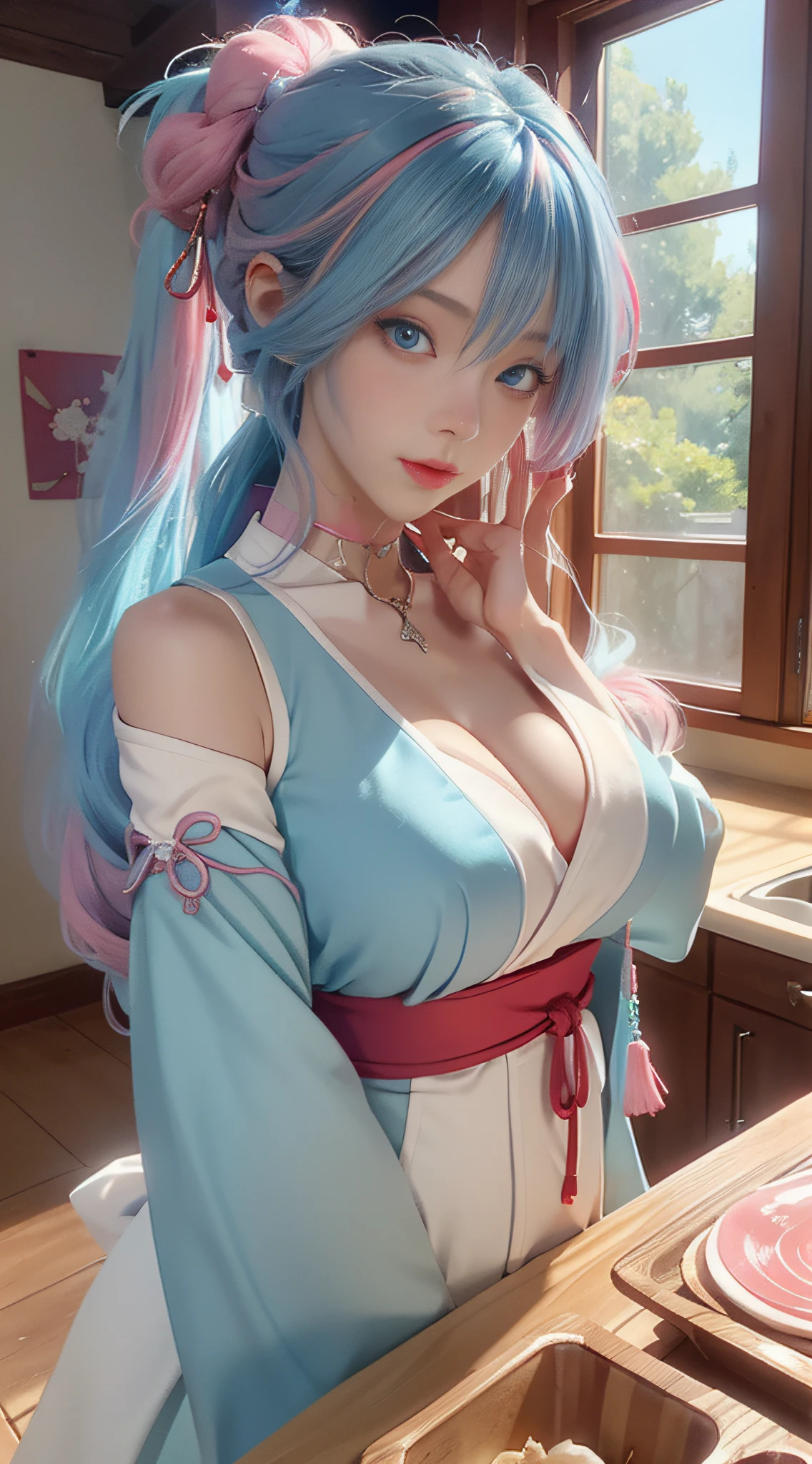 Anime girl with white hair, Blue eyes and red umbrella，White-haired god，Kushat Krenz key art feminization，Onmyoji detailed art，onmyoji portrait，best anime 4k Konachang wallpapers，Detailed digital anime art，Anime goddess，High detail official artwork，detailed anime art，onmyoji，portrait of a female anime hero，long leges，chibiStyle，loli face，The beauty of the cold is touching，(((colorfulhair)))，((half blue, half pink hair))，(Perfect eye painting)，eyes with brightness，choker necklace，耳Nipple Ring，Delicate mouth，Delicate nose，Delicate makeup，Braided ponytail hair，Red lips，(Purple eyes)。perfect body figure，(Streamer Girl)，Yellow T-shirt，Delicate tassels，expressioness，Ribbons，is shy，Efeito de Luz，downy，white backgrounid，Ultra-clear，HD picture，full-body portraits，frontage，having fun，Chinese woman in the kitchen，Cook，Cook，cooking a，voluminous hair，Delicate face，Vivid，Real girls，largeaperture，macro shot，slightly fat big breasts，plump，sexy for，Looking at you，good eyes looking，The is standing，Very plump，very Bigger breasts，Fat woman，fat guy，Fat legs，fat hips。