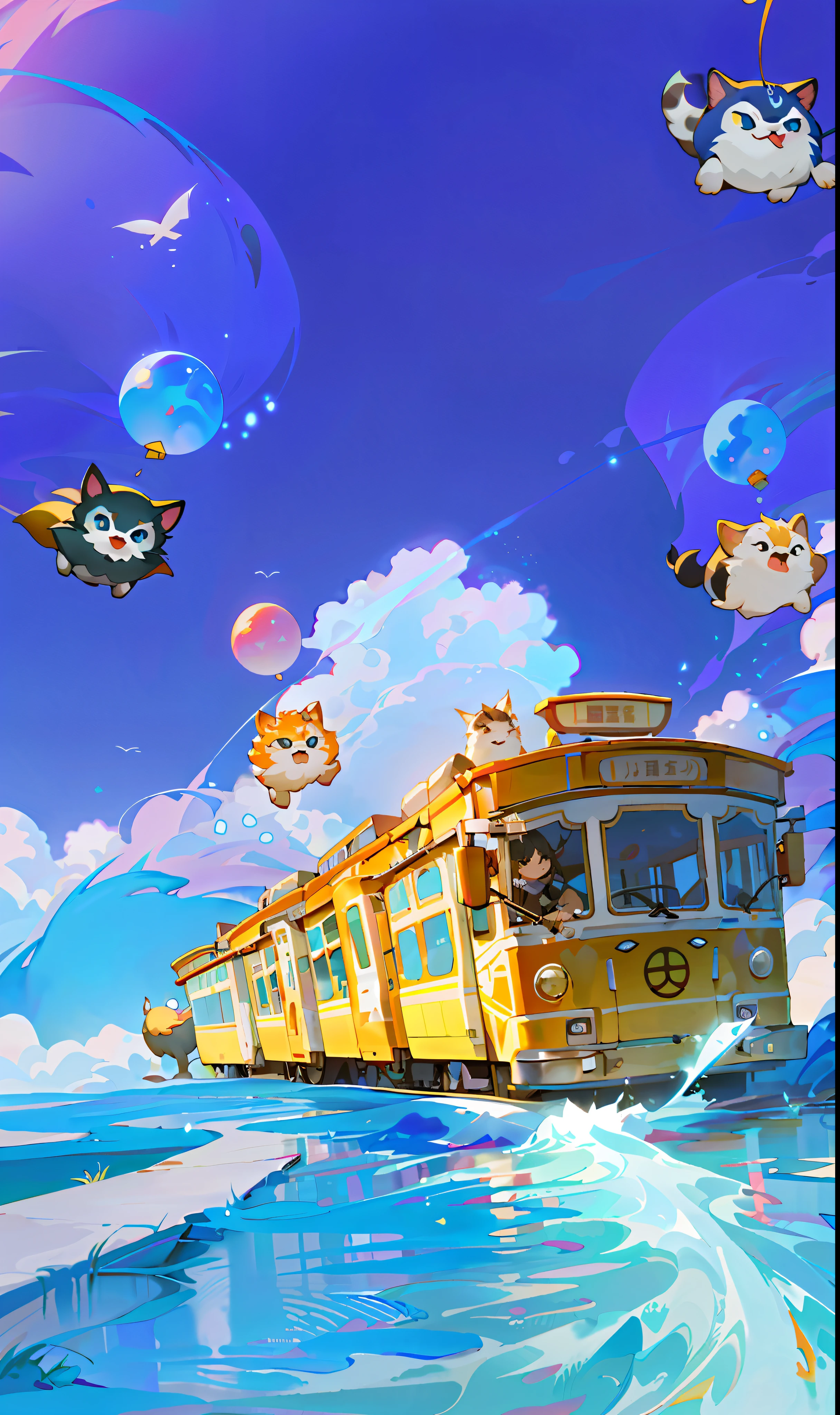 There are many different types of animals flying around the bus, lovely digital painting, cute artwork, Mobile game art, dreamworks animation style, adorable digital art, Mobile game background, fantasy matte painting，Cute, Cute detailed digital art, the wallpaper!, by Ni Yuanlu, author：Shitao, childrens art in artstation, Pixar splash art, blurry and dreamy illustration