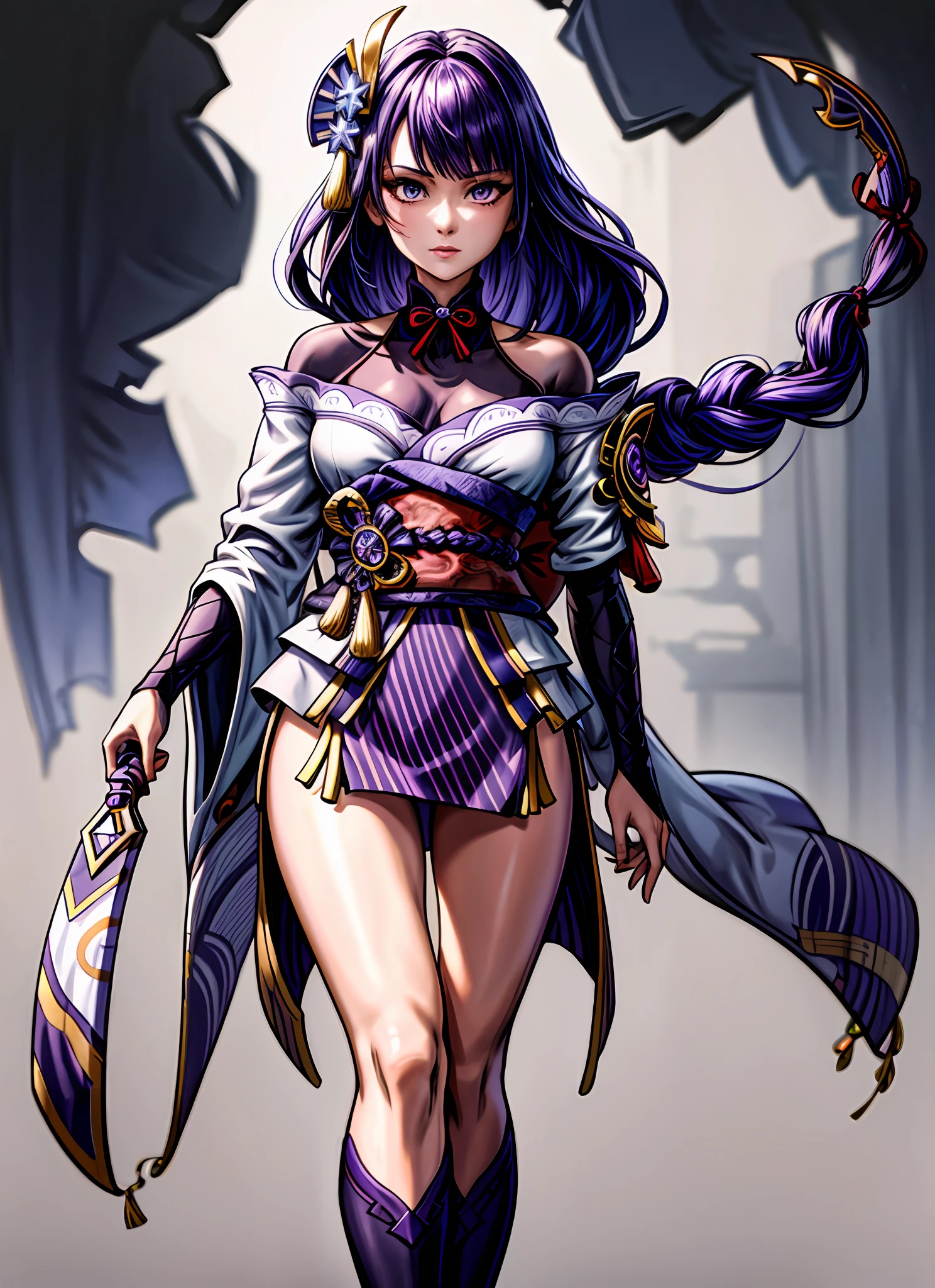 (masterpiece,best quality, 8K ,art stations,the wallpaper,official art, splash art,tack sharp focus,1 masterpiece, Best quality),Raiden Shogun (Genshin Impact), Long purple braided hair, 1 girl solo, Slim little kimono,Purple stockings,The clothes slipped off the shoulders, floating object,复杂,ellegance,(Solo exhibition)