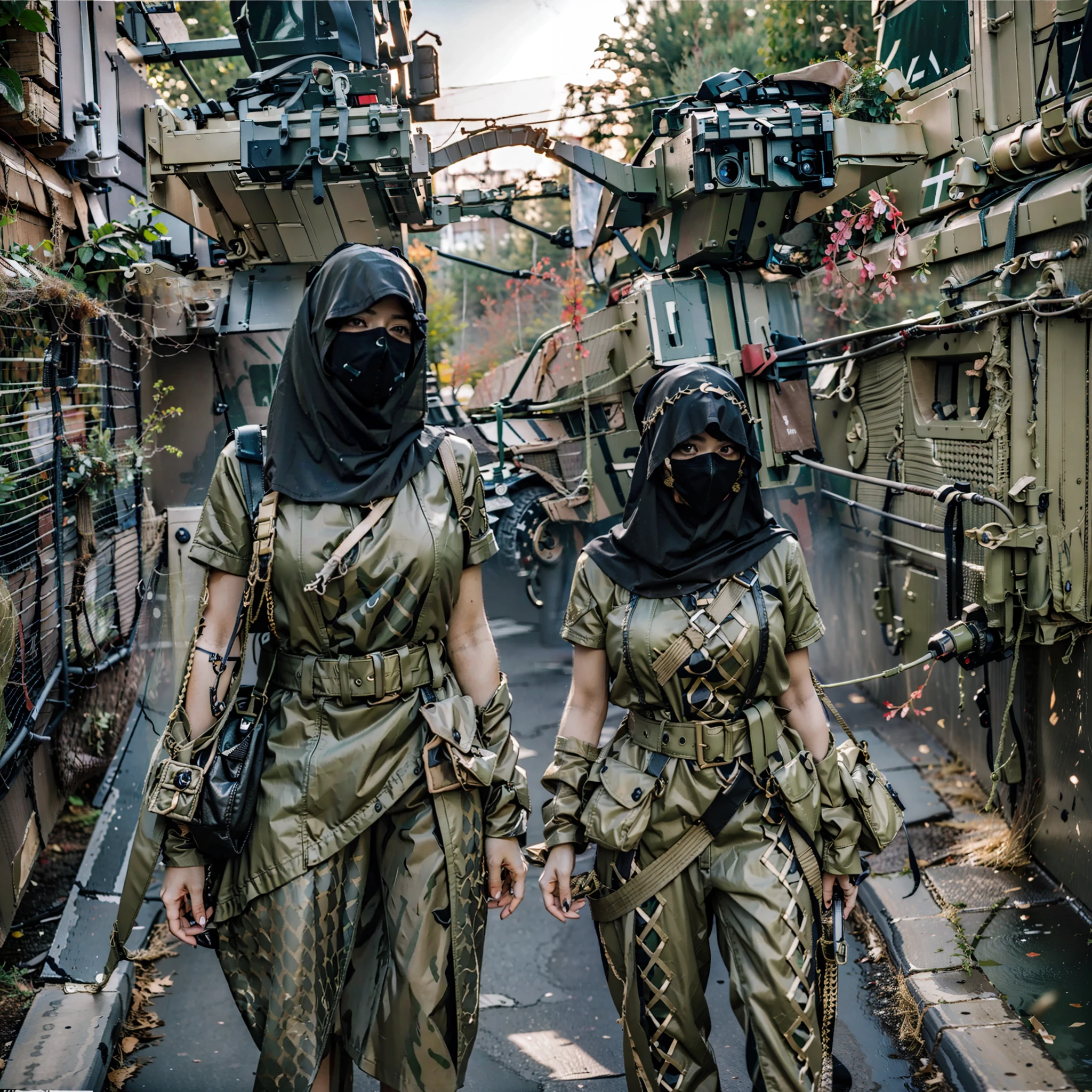in a panoramic view,photorealestic,8K,Cyberpunk Arabian style,Arab Luxury Women's Military Academy,Luxurious décor,Fabric decoration,Weapon decorations, army car,fighter jets,helicoptere,Three beautiful Arab officers,Wearing the uniform of a modern Arab officer,Covered with an Arabian burqa(Burqa),Arabic hijab(hijabi sluty),Arabian veil(niqab),Black hood,Black mask,bound waist,masked,Only the eyes are exposed,Sharp eyes,Stand in a row at the military academy,Holding the military flag,All masked,Perfectcomposition,professinal,Meistwick,commissioned,best qualtiy,color corrected,After fixation,Retouching,Improvement,Epic,Tone-mapping,the detail, highly detailed, digitial painting, art stations, Conceptual map of the long dam, Smoothness, Sharp focus, Beautiful illustration, photore, The light from the back window is backlighted, 动态照明, Mist, 复杂, cinematic grain, professinal, face to the viewer,(Beautiful m3d_woman, Perfect M3D_face,), Volumetriclighting, subsurfacescattering, Good highlights, Good shadows, cinematic ligh