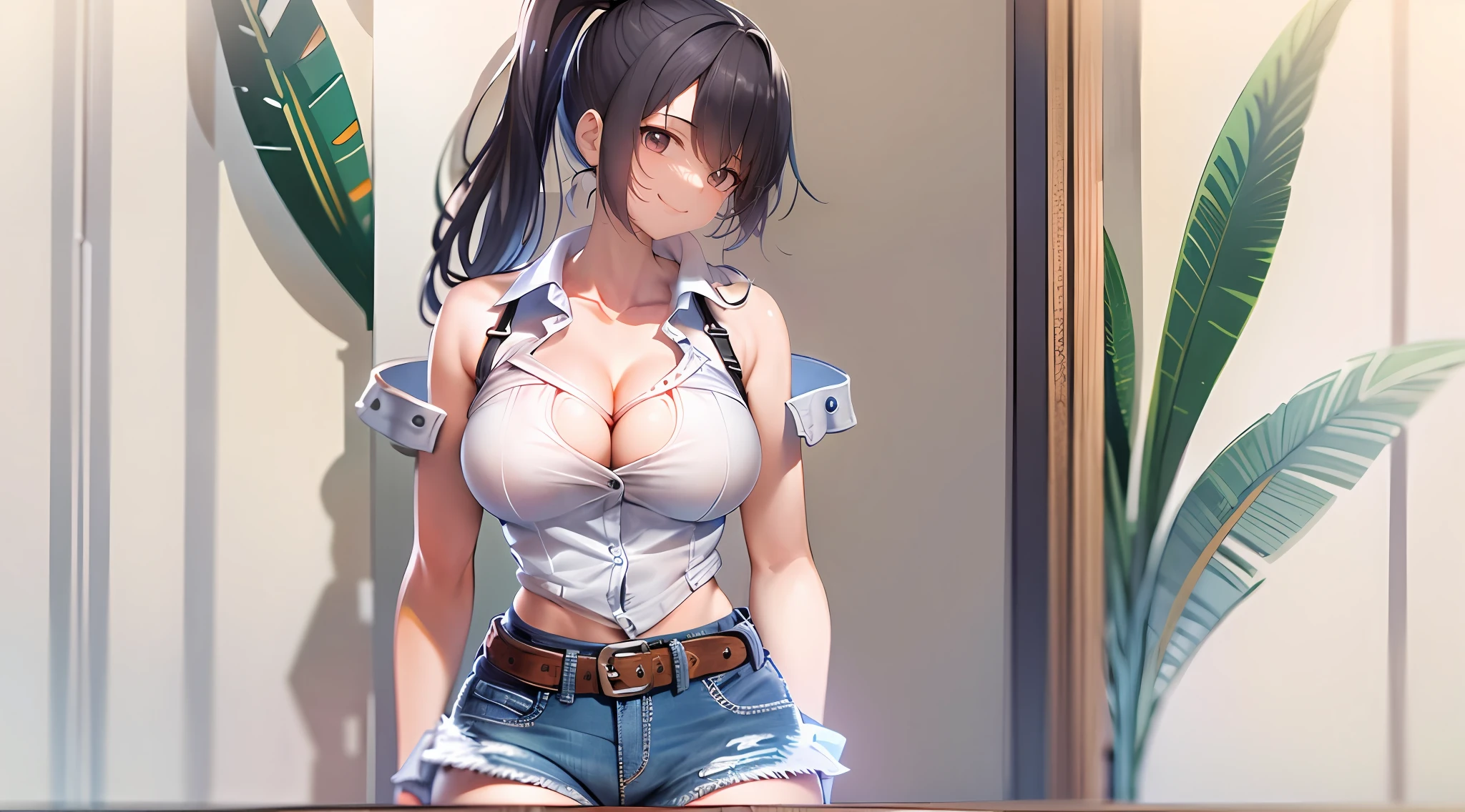 masterpiece, best quality, highres, 1girl shizuku high ponytail, white shirt white sleeveless shirt belt denim pants black bra cleavage cutout leaning forward, arms behind back, smile