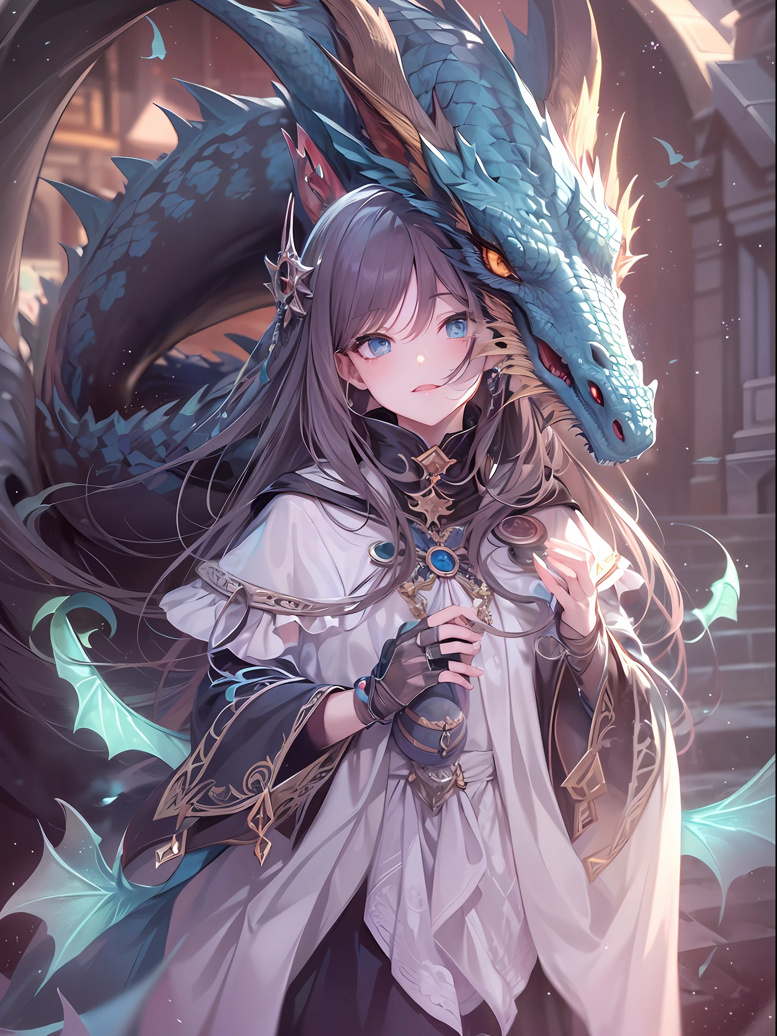 ((a beautiful and cute female bring with a Q type baby dragon)), the dragon with white + blue scales, the female walks on the street, (the female in black cloak), under the black cloak is magician clothes, ((in the middle age with lots of fantasy novel materials)), ray tracing, reflection light, wide shot, masterpiece, high quality, best quality, high details, textured skin, anatomically correct, ccurate, UHD, 1080P, anime style
