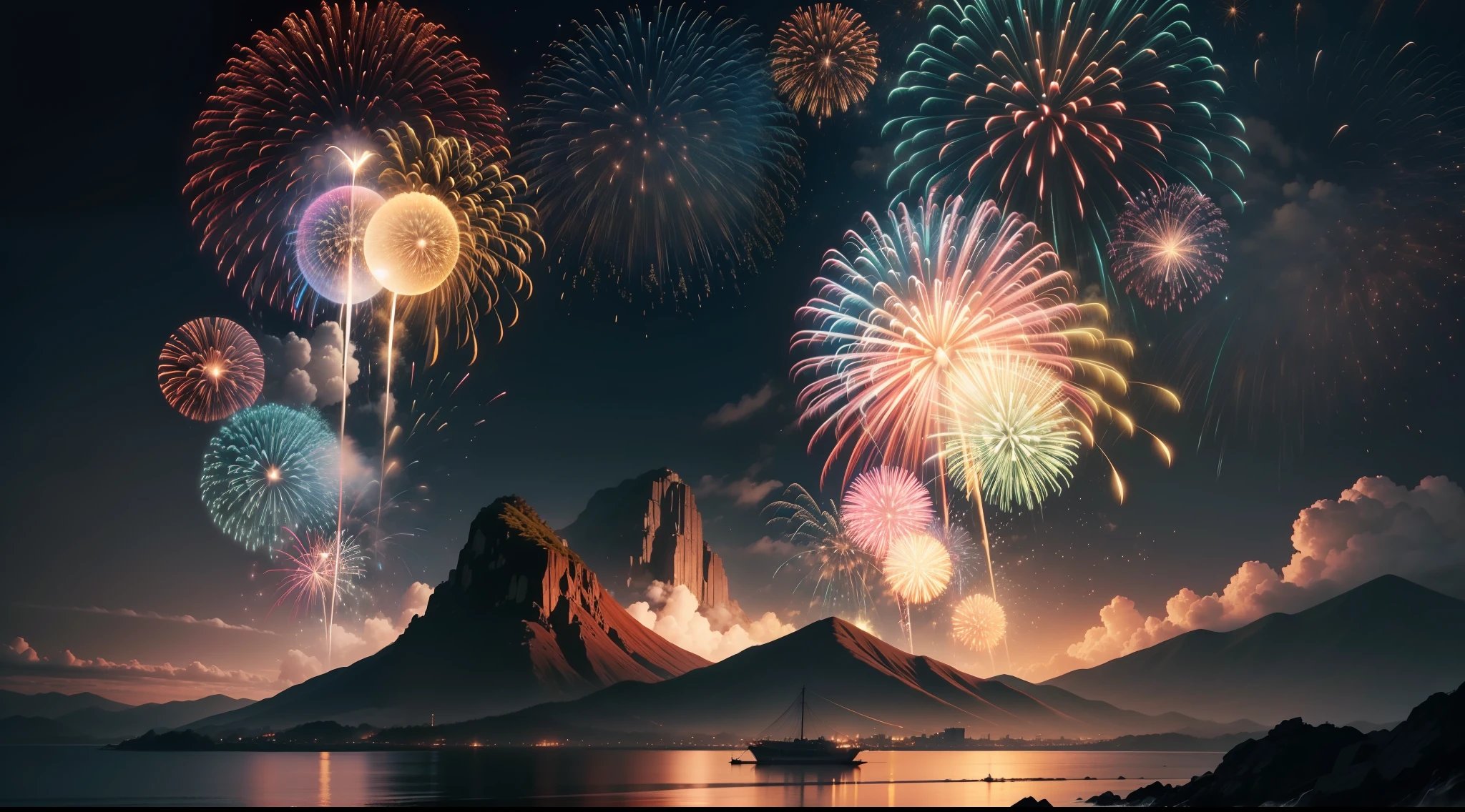 Gorgeous, Flashy beautiful fireworks、Dynamic、Dynamism、Towering over Yakushima、Photorealism Based Details Widget 1.3、Ultra-detailed depiction、Cinematic shots with HDR effect、Vignette and center screen、Generate in automatic mode