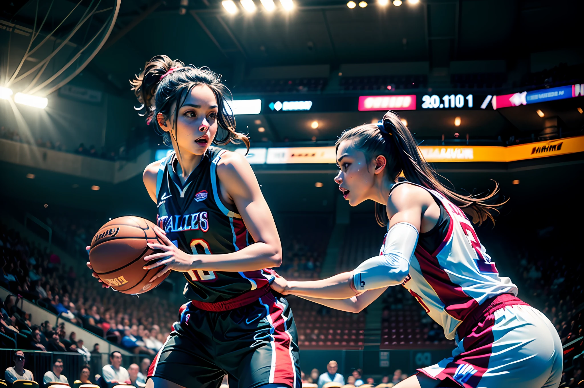 ((Professional basketball arena, Cheering Audience)), 1 Ball, Bokeh:1.2, Dynamic Angle, 
(2girl), A 22-year-old girl playing basketball and a defensive girl trying to stop her, Fit, Black hair, pony-tail, basketball uniform, sparkly skin, Wet hair,
(Detailed face), (Raw foto, Best Quality, Masterpiece:1.2), (realisitic, Realistis:1.37), Professional Lighting,