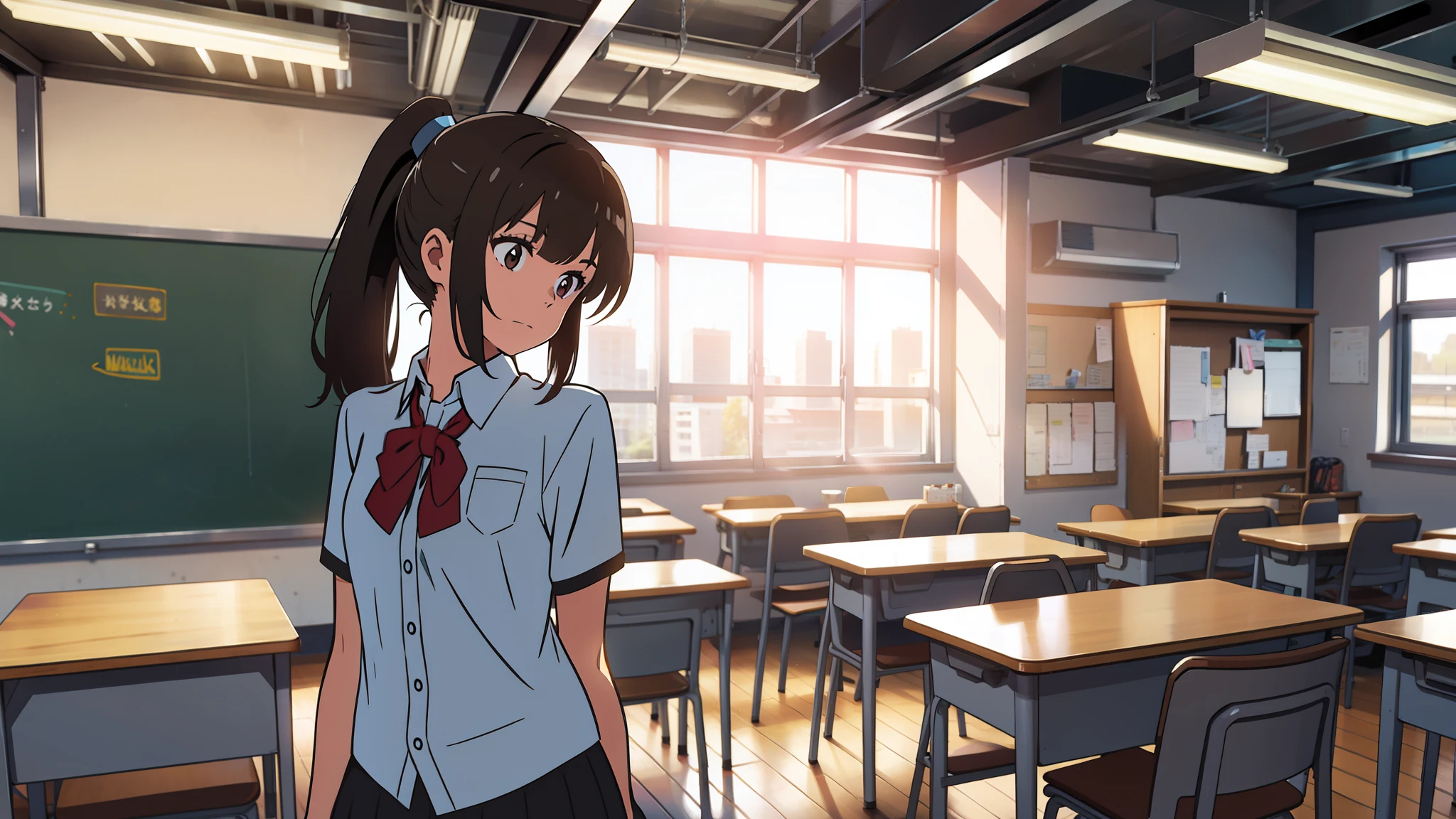 high school classroom, girl with a ponytail,Wear a shirt,greet