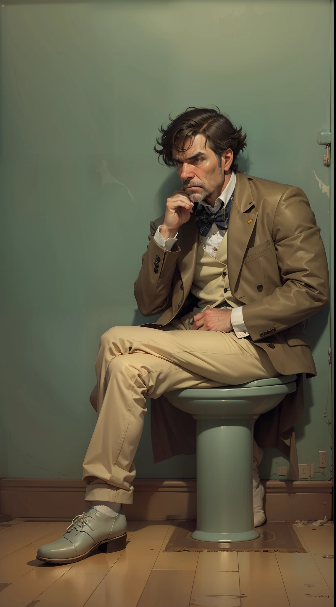 "a pensive man seated on a toilet, with a contemplative expression"
