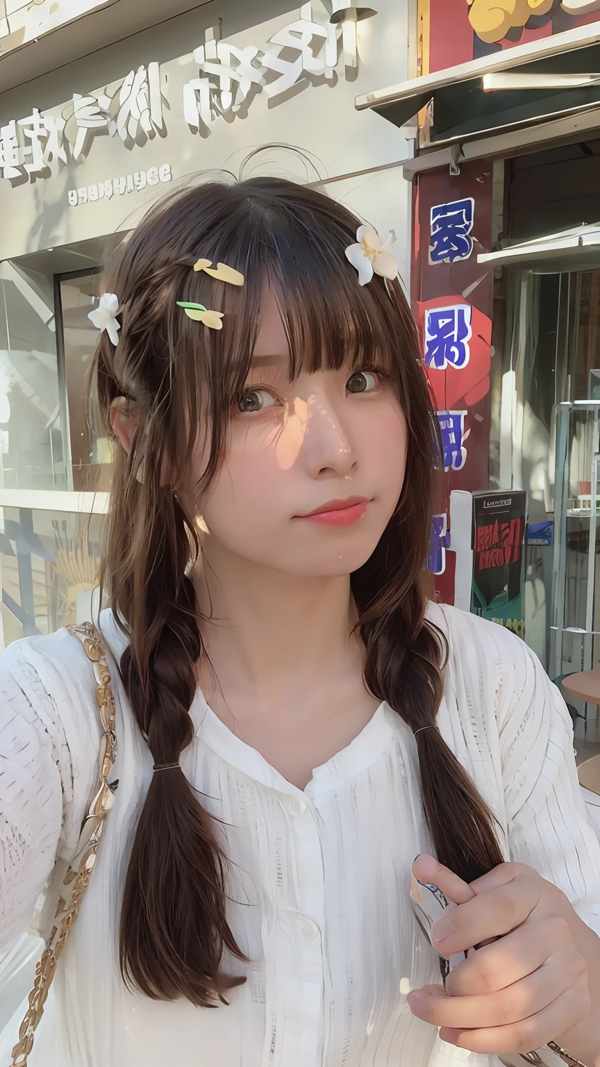 Araved woman with long hair and hair flowers, Twin tail hairstyle, braid hairstyle, two pigtails hairstyle, ulzzangs, brown hair,By bangs, tidy hair,By bangs, brown hair and bangs, Brown hair long,By bangs, kawaii hair style, With long hair, sakimichan, chiho, Long hair with bangs