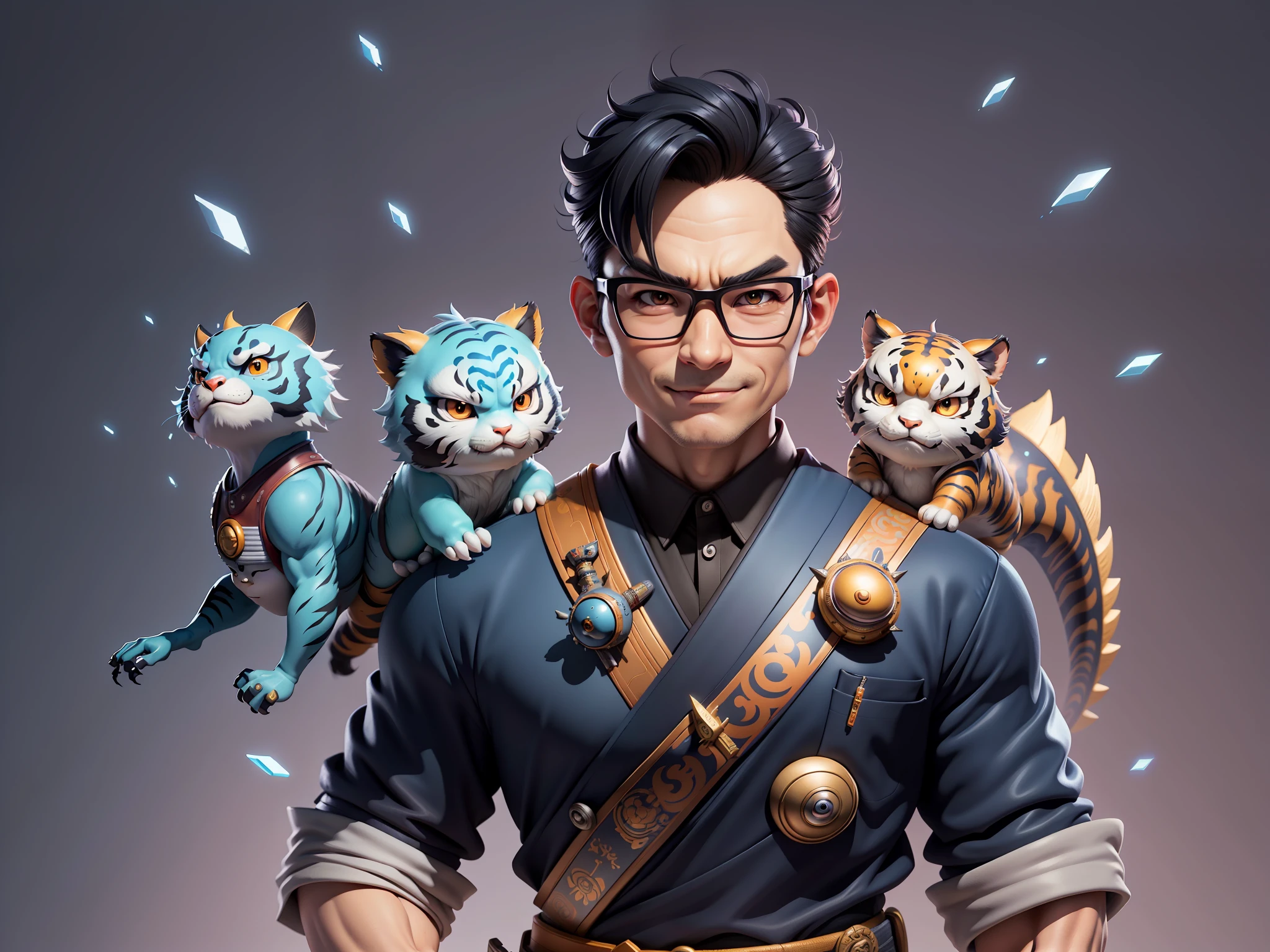(Masterpiece), (Excellent), (Super Meticulous), (Full Body: 1.2), Super Young Man with Japanese Female Geisha, Pretty, Beautiful, Chinese Dragon, Tiger, Wind God Thor, Sexy, Bursting, Oriental Face, TV Anchor, Bust Portrait Illustration, Black Suit, Blue Tie, Slightly Chubby Face, Silver Glasses, Very Clean Face, No Beard on Chin, Black Super Short Hair, Black Eyes, Confident Smile, 3c Computer Sub-Products, iPad, iPhone, Digital Painting, 3D character design by Mark Clairedon and Pixar and Hayao Miyazaki and Akira Toriyama, the illustrations are HD illustrations in 4K resolution with highly detailed facial features and cartoon-style visuals.