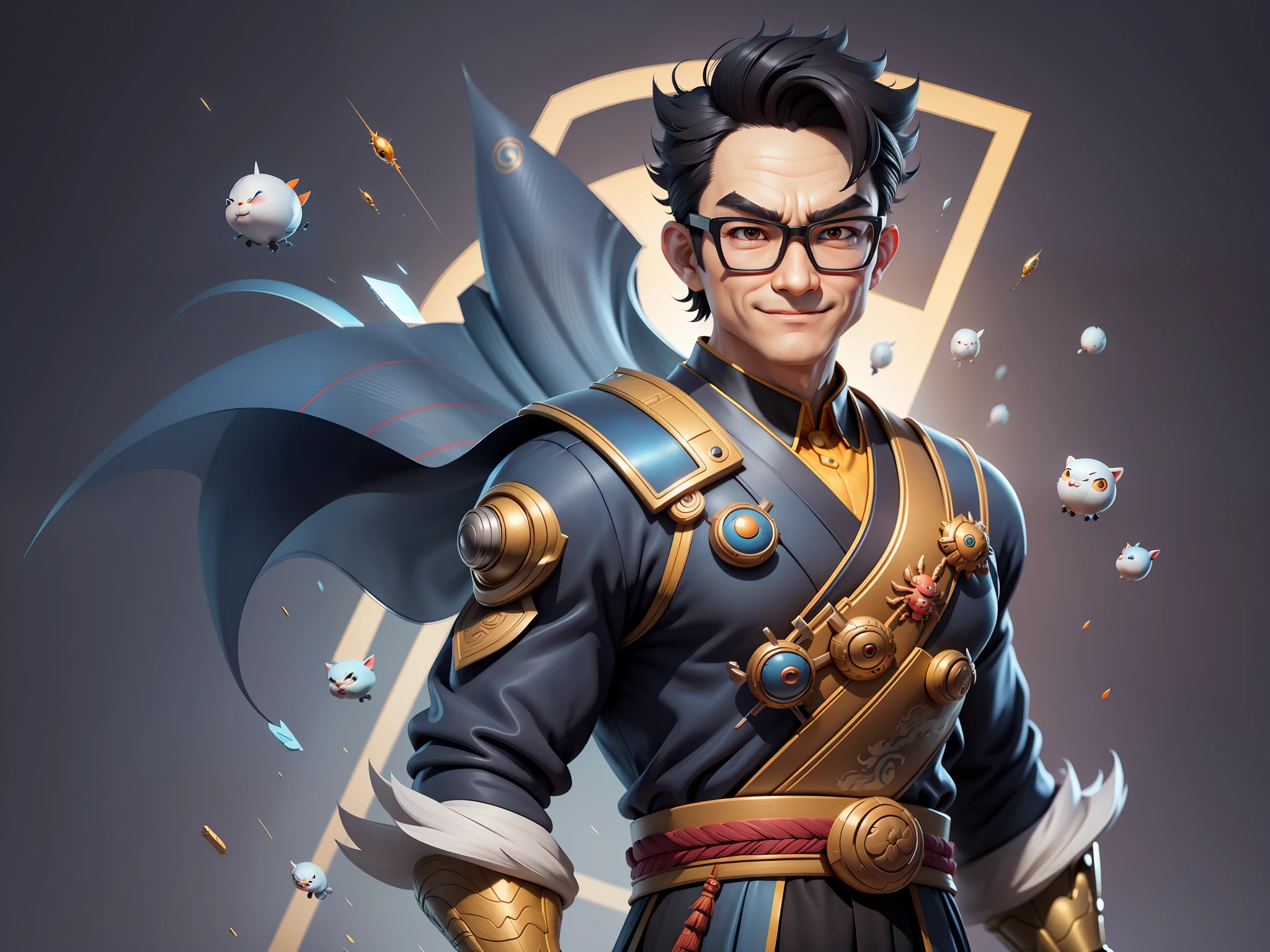 (Masterpiece), (Excellent), (Super Meticulous), (Full Body: 1.2), Super Young Man with Japanese Female Geisha, Pretty, Beautiful, Chinese Dragon, Tiger, Wind God Thor, Sexy, Bursting, Oriental Face, TV Anchor, Bust Portrait Illustration, Black Suit, Blue Tie, Slightly Chubby Face, Silver Glasses, Very Clean Face, No Beard on Chin, Black Super Short Hair, Black Eyes, Confident Smile, 3c Computer Sub-Products, iPad, iPhone, Digital Painting, 3D character design by Mark Clairedon and Pixar and Hayao Miyazaki and Akira Toriyama, the illustrations are HD illustrations in 4K resolution with highly detailed facial features and cartoon-style visuals.