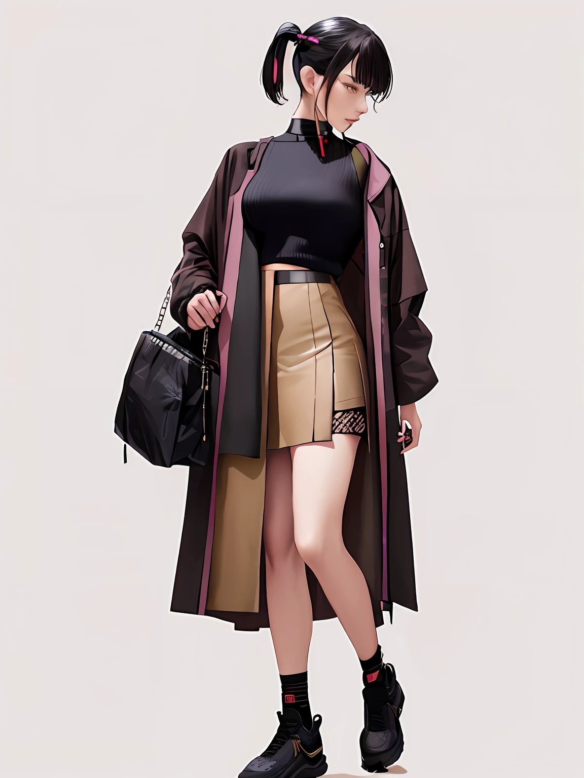 A woman in a skirt and a black shirt holds a purse, intricate hakama, cropped shirt with jacket, brown clothes, cyberpunk fashion clothes, cyberpunk style outfit, wearing jacket and skirt, cyberpunk fashion clothes, dressed with long fluent clothes, hakama kimono, short skirt and a long jacket, multilayered outfit, muted cyberpunk style, wearing japanese techwear，Bring headphones