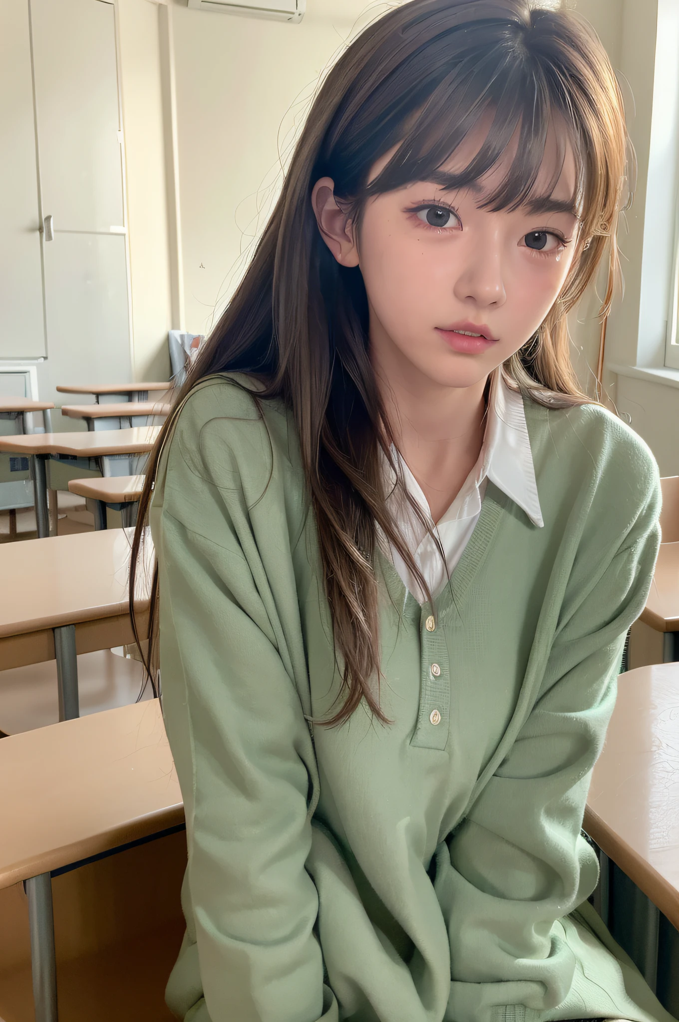 ((masterpiece)),((best quality)),absurdres,
1girl, sitting _cowgirl position, pov, school uniform,
(classroom:1.1), sunlight, (half-closed eyes:0.4), (parted lips:1.4), (nose blush:1.2), light smile,