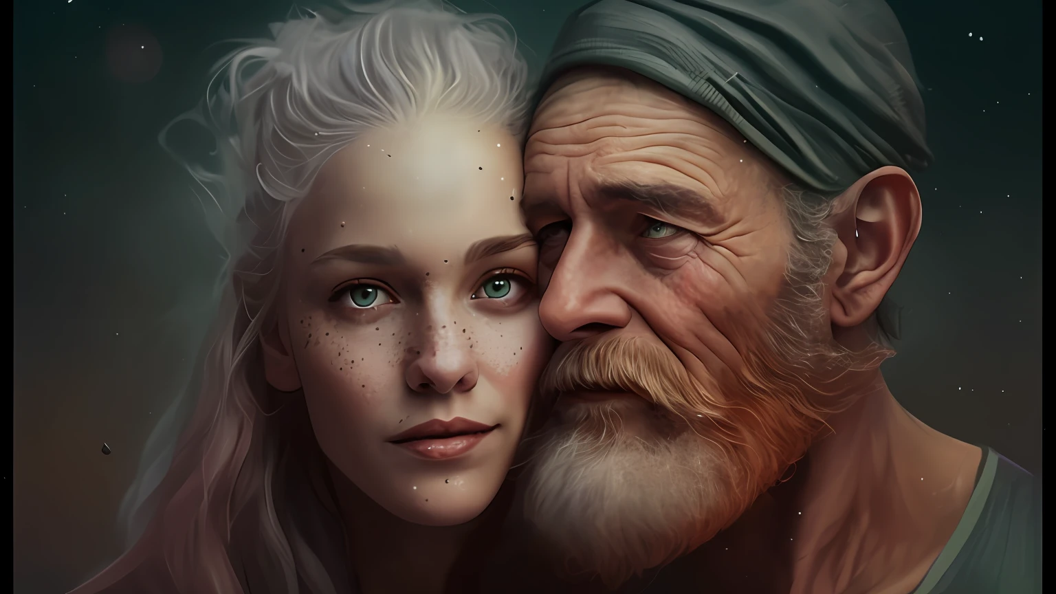 um close up de um homem e uma mulher com barba, Wlop e Andrei Riabovitchev, stunning digital illustration, Arte digital realista 4K, Arte digital realista 4K, Directed by: Tadeusz Pruszkówski, bela arte digital, arte de fantasia realista, arte do retrato da fantasia, Epic portrait illustration, retrato de fantasia fosco detalhado, Cinematic realistic portrait