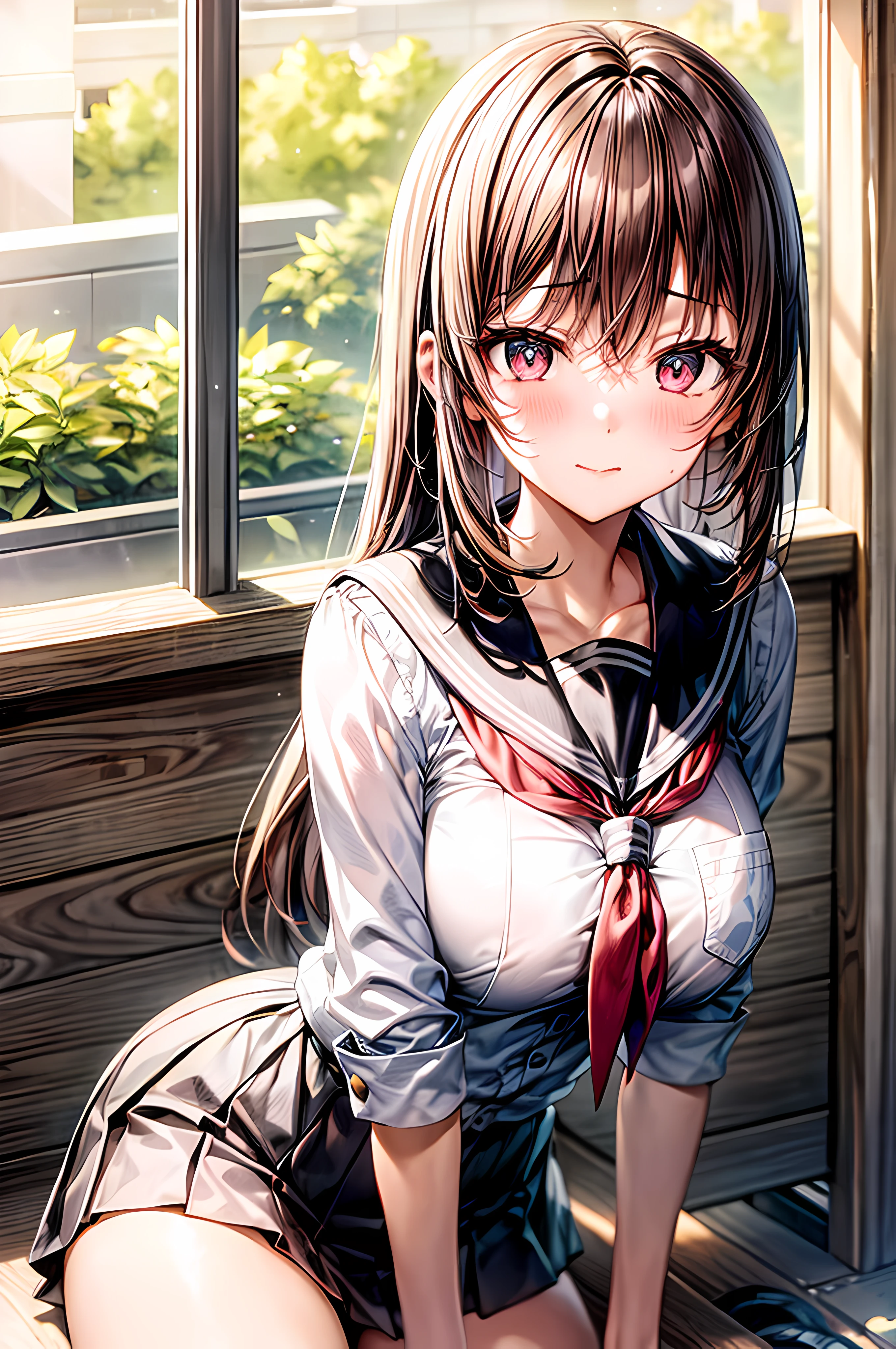 1 girl, school rooftop ahdge hair, brown hair, blush, shy, medium breast, sexy school uniform, looking at viewer, add_detail:1.5