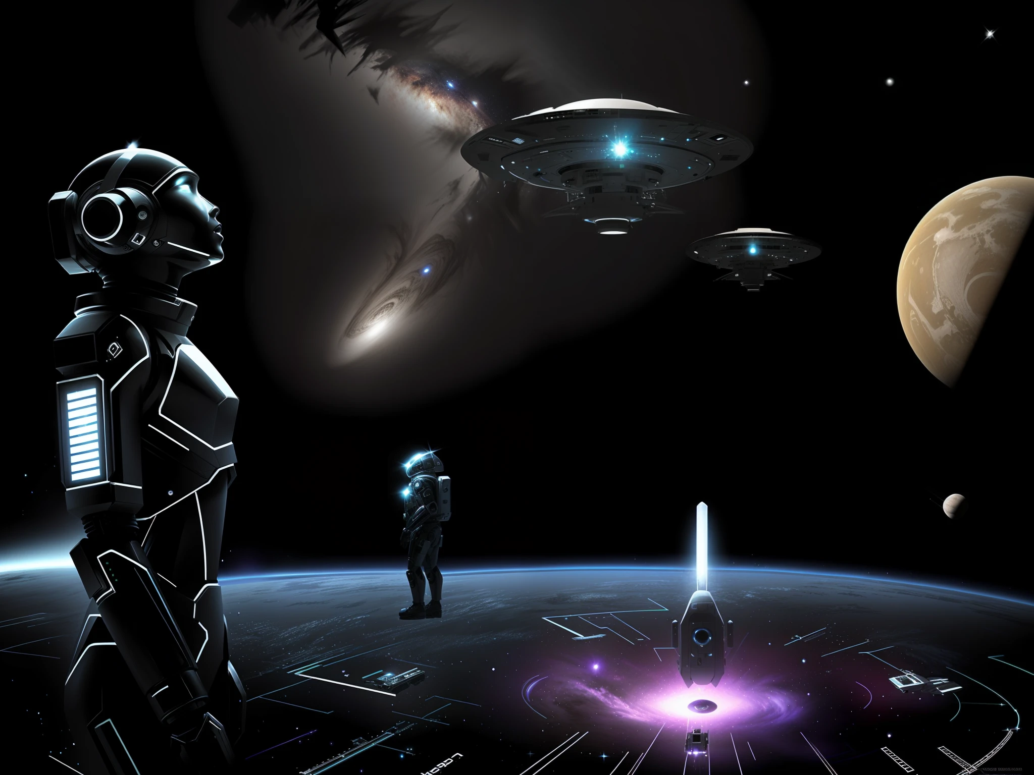 android, voador, Exploring Deep Space, Data collection for the mothership, Mothership in the background, android in the foreground, detalhes intrincados, highes definition, arte de Clemilton Barbosa@Extraterrestrial