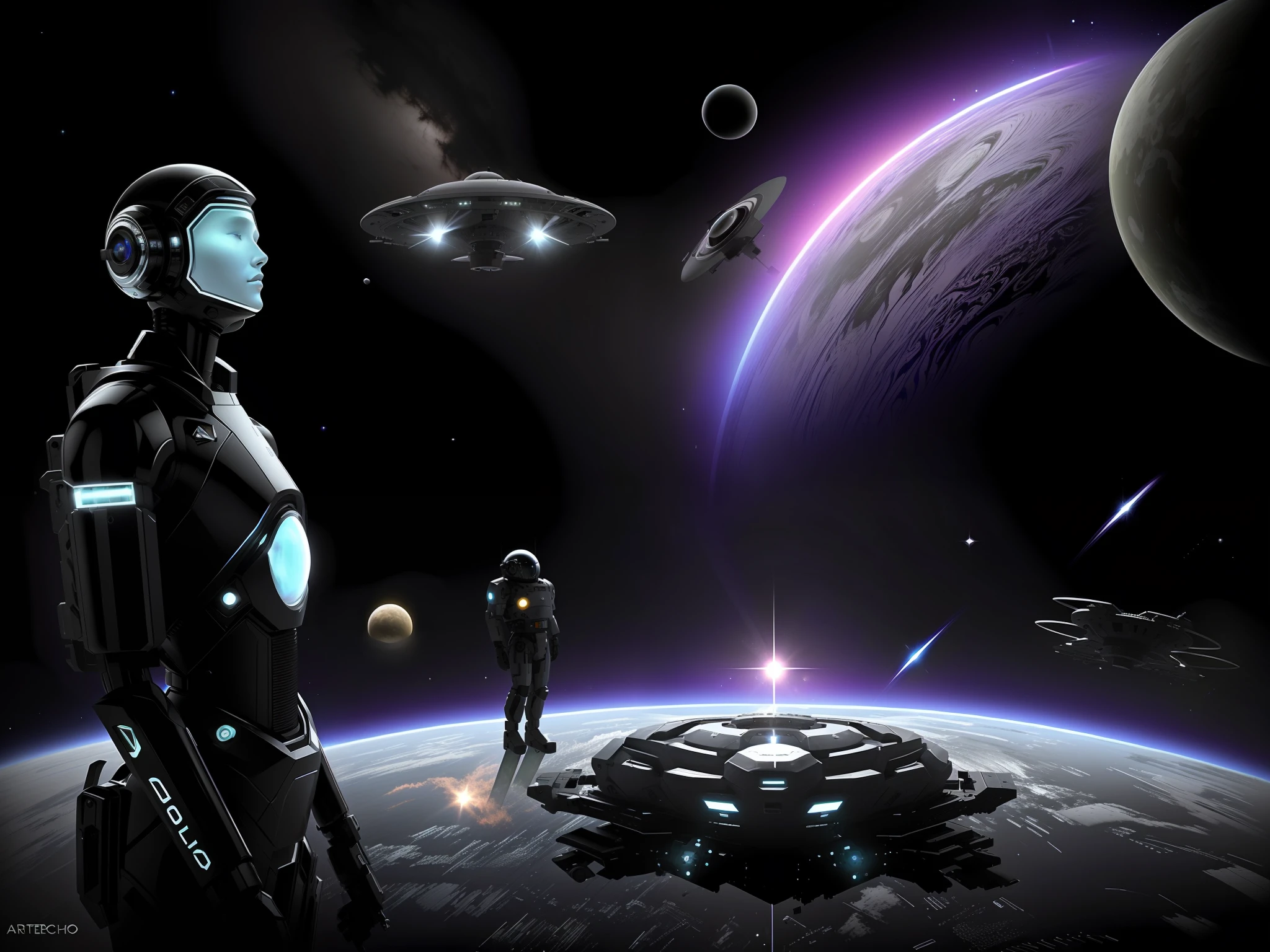 android, voador, Exploring Deep Space, Data collection for the mothership, Mothership in the background, android in the foreground, detalhes intrincados, highes definition, arte de Clemilton Barbosa@Extraterrestrial