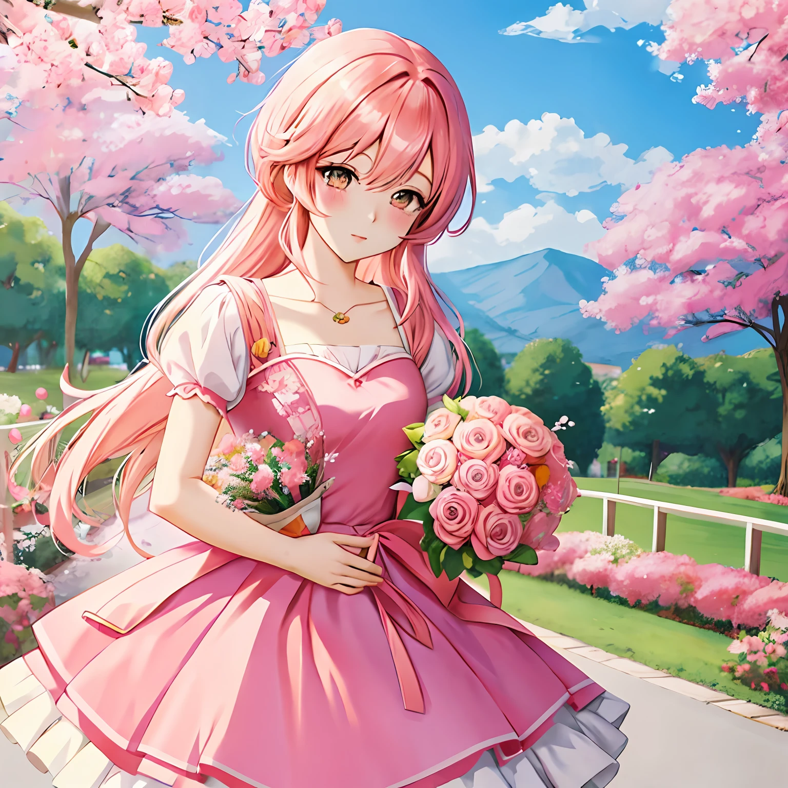 Anime girl with pink hair and pink dress holding a bouquet of flowers, Guviz-style artwork, Soft anime illustration, Cute anime girl, lovely art style, Guviz, anime visual of a cute girl, cute kawaii girls, Guweiz in Pixiv ArtStation, lovely digital painting, Stylized anime, Cute anime, Anime style. 8K