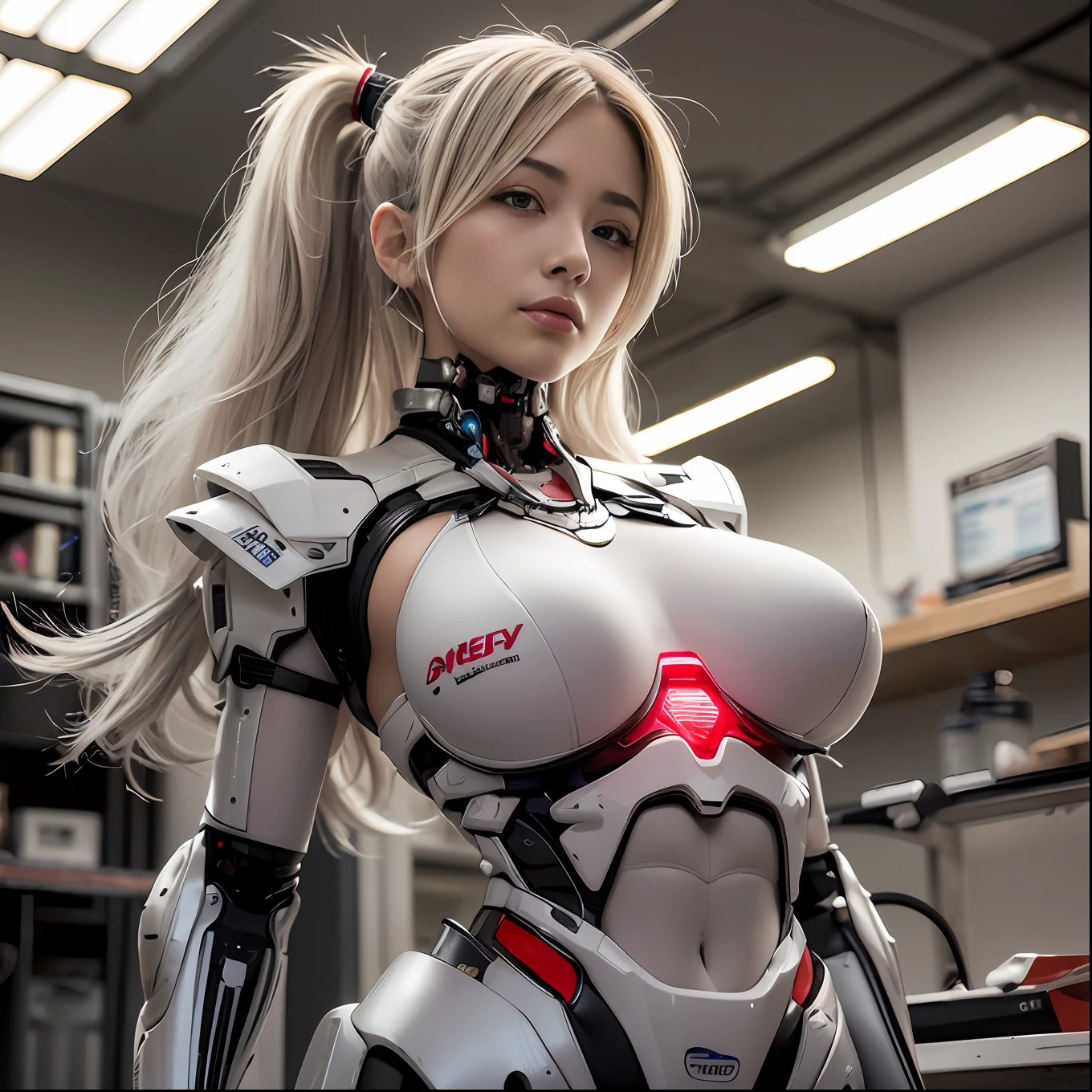 Beautiful Face,face is Japan, 1 Woman, Big, Curvaceous, (16k, RAW photo, top quality, masterpiece: 1.2), (HDR, Realistic, Photorealistic: 1.37) (tube attached to the body), (Bikini Cyborg robot parts)))), (light gray hair), Long hair, Wavy hair, Twin tails, Medium shot, ( Seductive smile)), (black eyes), double eyelids, princess cut, from below, (whole body),posing,,in the lab,( tube connected to blood vessel),((mechanical vertebrae attached to the back)),((mechanical neck attached to the neck)),(wire and cable attached to head and body),(character focus),science fiction,perfect female figure,perfect anatomy, hyperanatomy, full body shot, up to four fingers and one thumb relationship,