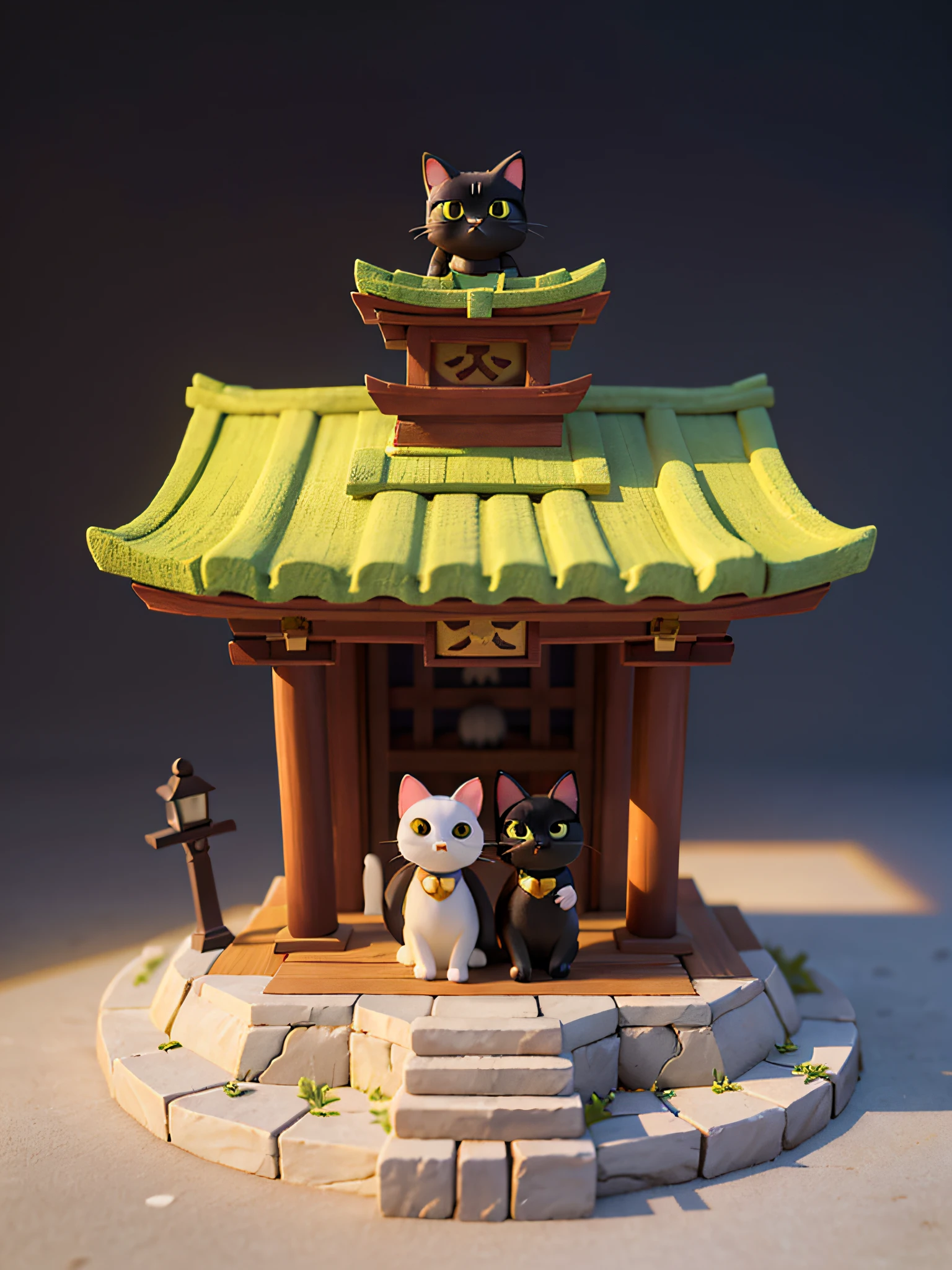 a cat,cute cat,one body,one head,singl face,toy,vignette figure,whole body、1 cat、Cute Cat Figure、Deformed cat、Sparkling eyes、Cat whole body、Output image quality（add detail、The ultra -The high-definition、Masterpiece、hight resolution、8K、Award-winning works）、(intricate-detail、ultra-detailliert:1.2)、Cinematic Shots、vignettes、central、Japan motifs（shrines）、black cat、Chic impression、Muted shades、gentle shades、appearance々Proposing figures made of similar materials、Attractive composition、Attractive lighting、depth of fields、diorama