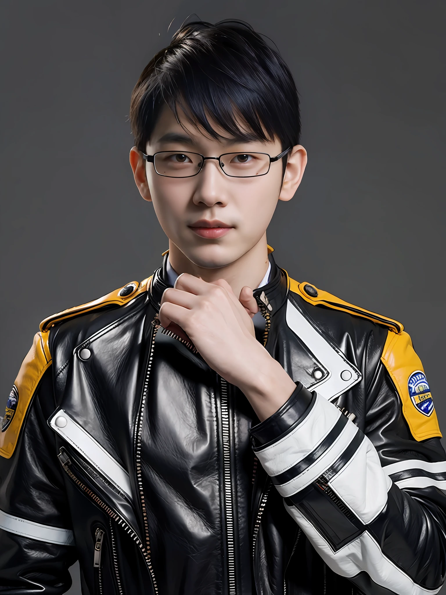 a high school boy,Wearing motorcycle leather,without hands