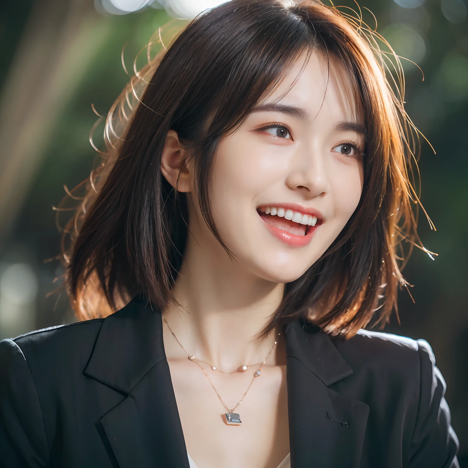 Dressed, (photographrealistic:1.4), (Hyper realistic:1.4), (Realistic:1.3), (Smoother lighting:1.05), (increase cinematic lighting quality:0.9), 32K, 1girl in,25-years old, Realistic lighting, Backlighting, Light on Face, raytrace, (Brightening light:1.2), (Increase quality:1.4), (Top quality real texture skins:1.4), finely detailed eyes, finerly detailed face, (tired and sleepy and joy:0), (Laugh:1.4), Black Suit,a necklace, (Increase body line mood:1.1), (Increase the beauty of skin texture:1.1)