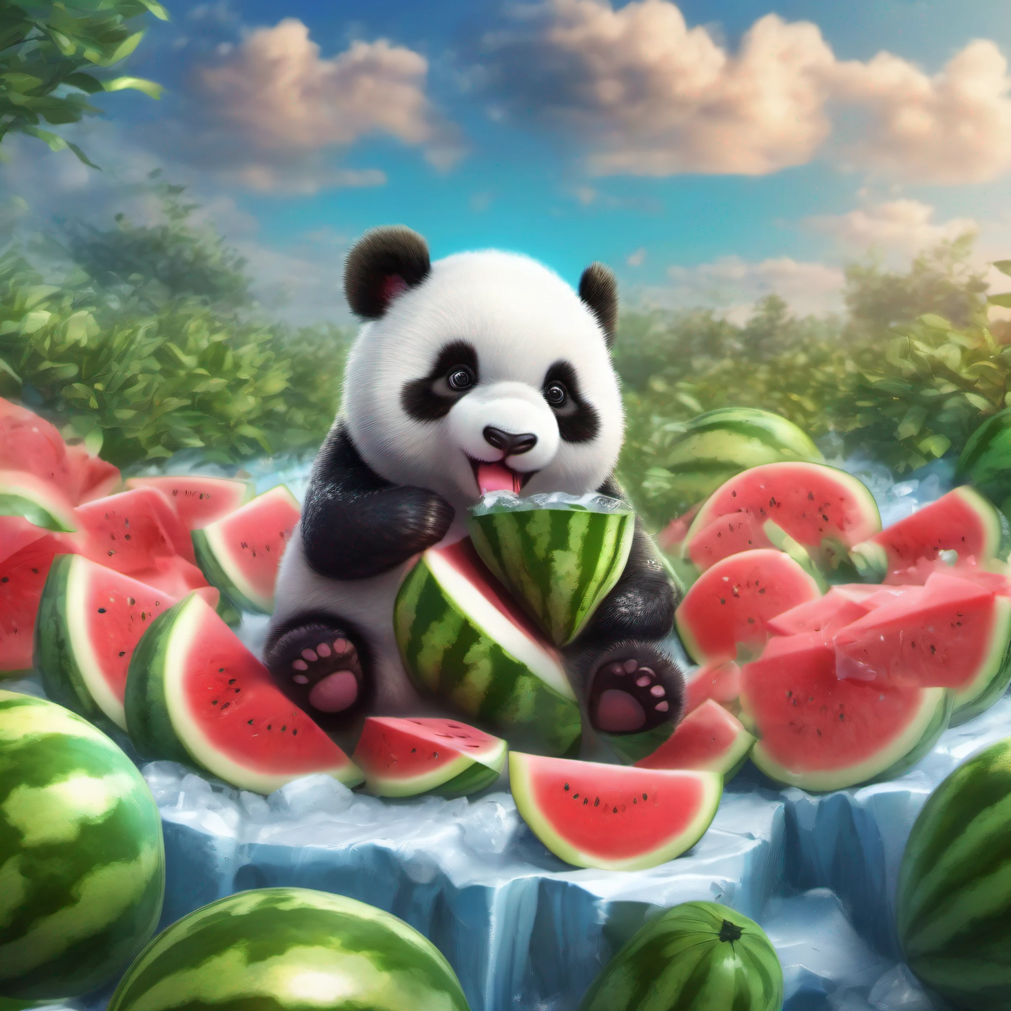 Panda eating watermelon in a watermelon pile,drools，lovely digital painting, Cute panda, Detailed painting 4 K, a cute giant panda, Cute detailed digital art, cute 3 d render, The background is blue sky and white clouds, ice cubes，adorable digital art,