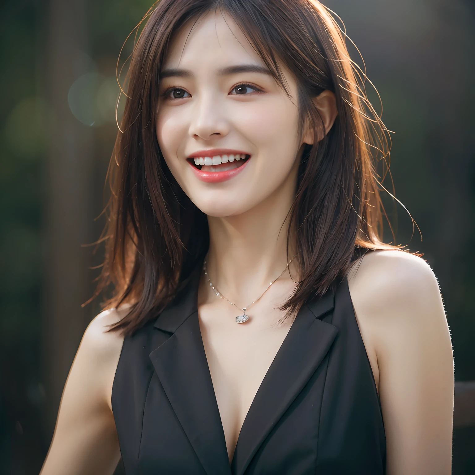 Dressed, (photographrealistic:1.4), (Hyper realistic:1.4), (Realistic:1.3), (Smoother lighting:1.05), (increase cinematic lighting quality:0.9), 32K, 1girl in,25-years old, Realistic lighting, Backlighting, Light on Face, raytrace, (Brightening light:1.2), (Increase quality:1.4), (Top quality real texture skins:1.4), finely detailed eyes, finerly detailed face, (tired and sleepy and joy:0), (Laugh:1.4), Black Suit,a necklace, (Increase body line mood:1.1), (Increase the beauty of skin texture:1.1)
