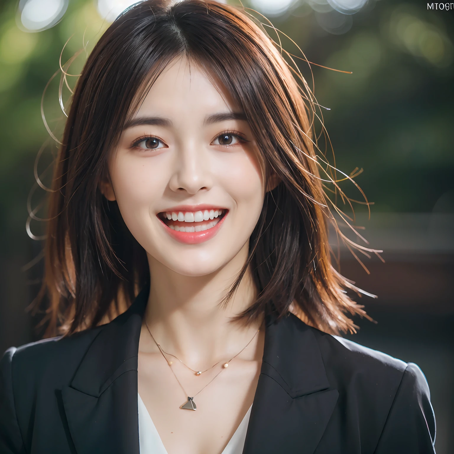 Dressed, (photographrealistic:1.4), (Hyper realistic:1.4), (Realistic:1.3), (Smoother lighting:1.05), (increase cinematic lighting quality:0.9), 32K, 1girl in,25-years old, Realistic lighting, Backlighting, Light on Face, raytrace, (Brightening light:1.2), (Increase quality:1.4), (Top quality real texture skins:1.4), finely detailed eyes, finerly detailed face, (tired and sleepy and joy:0), (Laugh:1.4), Black Suit,a necklace, (Increase body line mood:1.1), (Increase the beauty of skin texture:1.1)