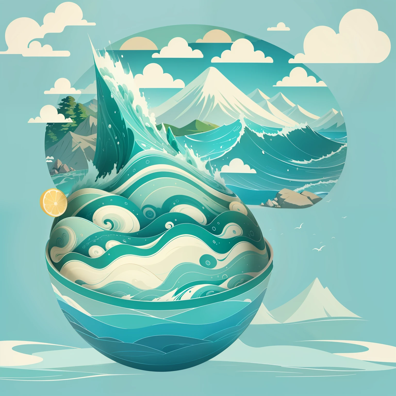 The bowl contains mountains and seas，National tide wind，cartoonish style，Green Mountains and Green Water